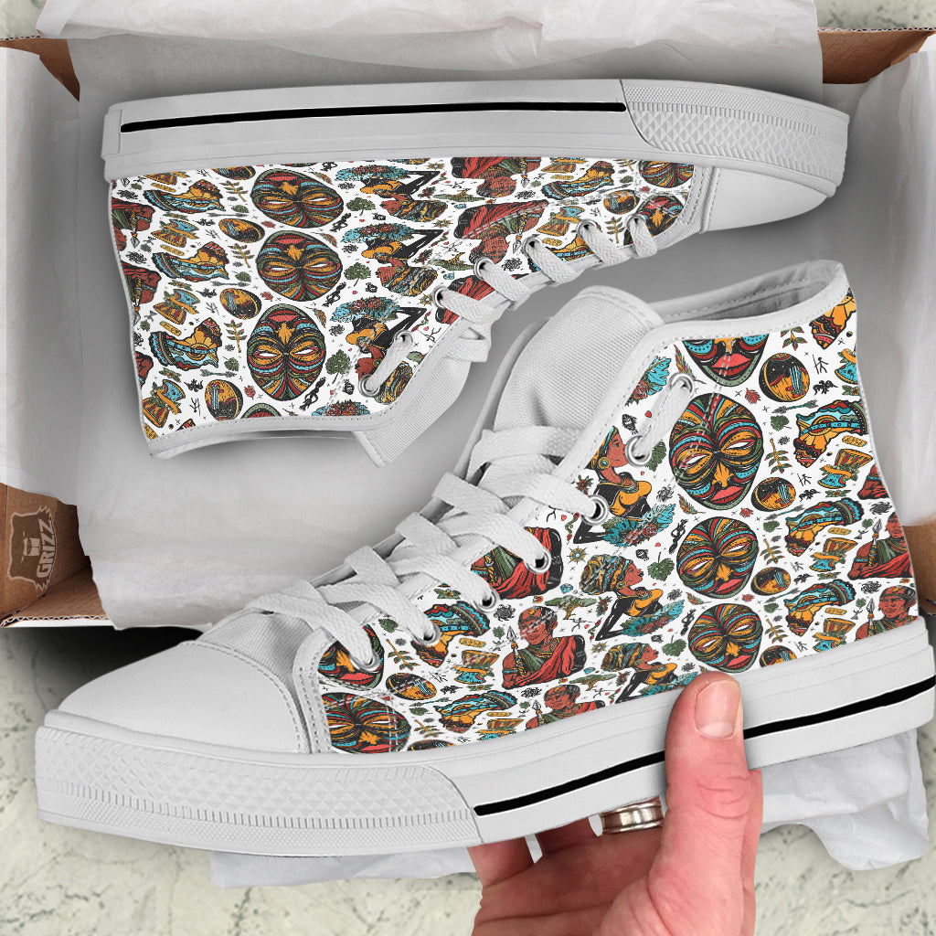 Ethnic Afro African Print Pattern White High Top Shoes-grizzshop