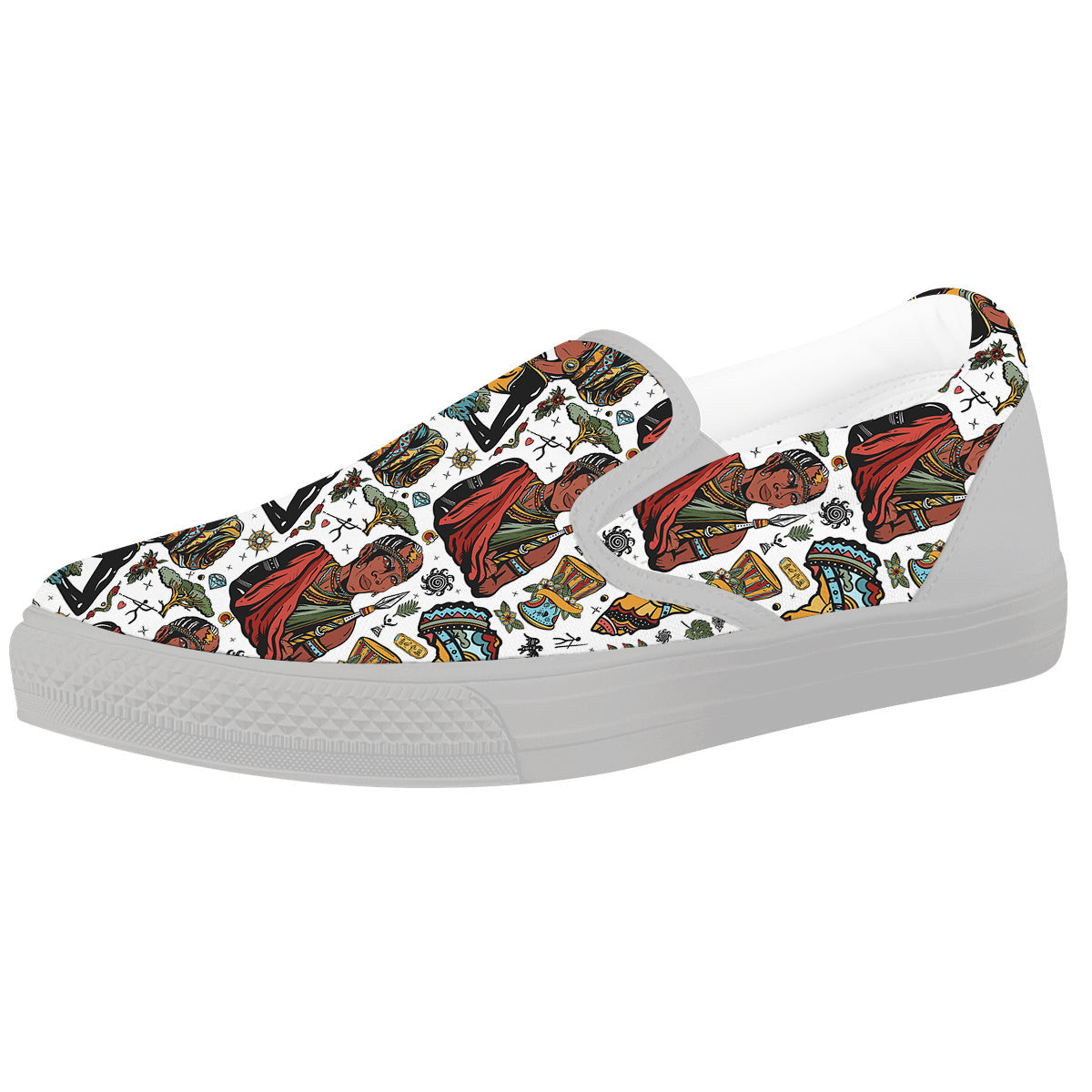 Ethnic Afro African Print Pattern White Slip On Shoes-grizzshop