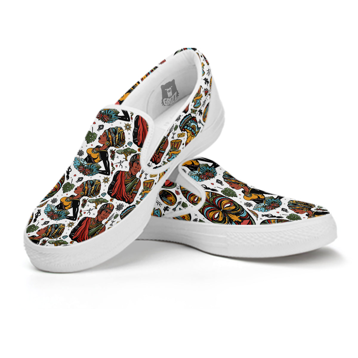 Ethnic Afro African Print Pattern White Slip On Shoes-grizzshop
