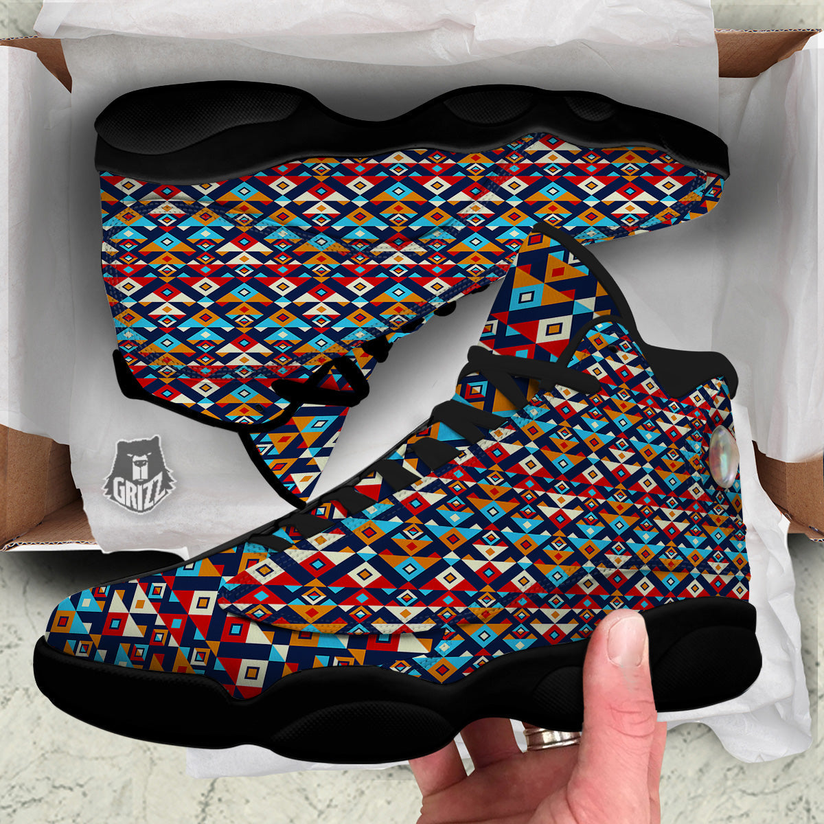 Ethnic Boho Colorful Print Pattern Black Basketball Shoes-grizzshop