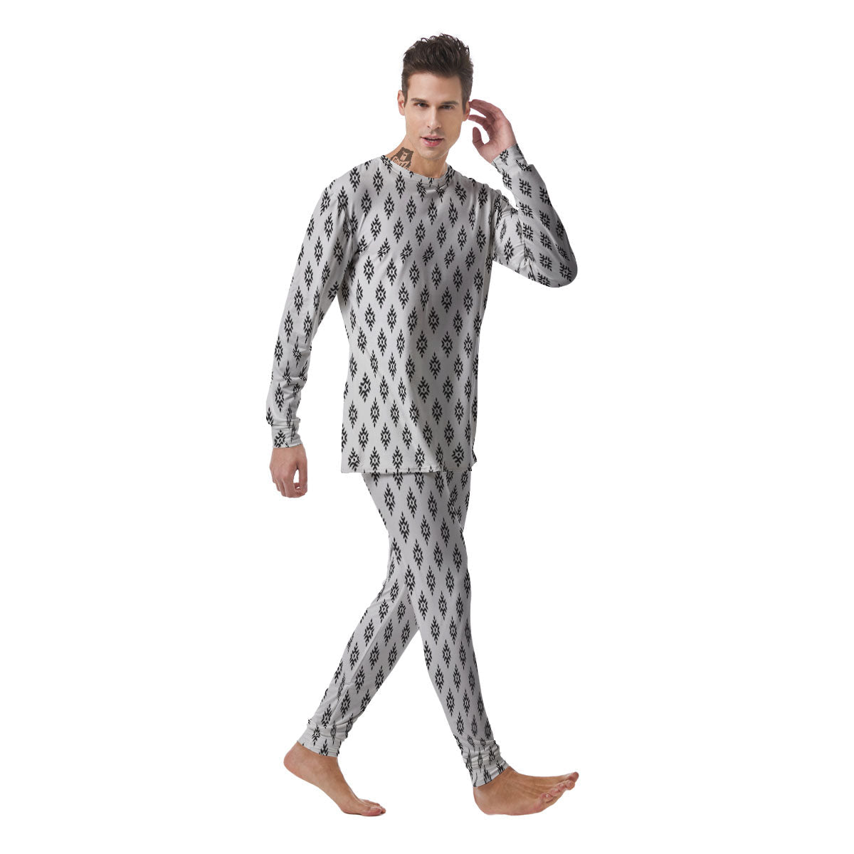 Ethnic Boho White And Black Print Men's Pajamas-grizzshop