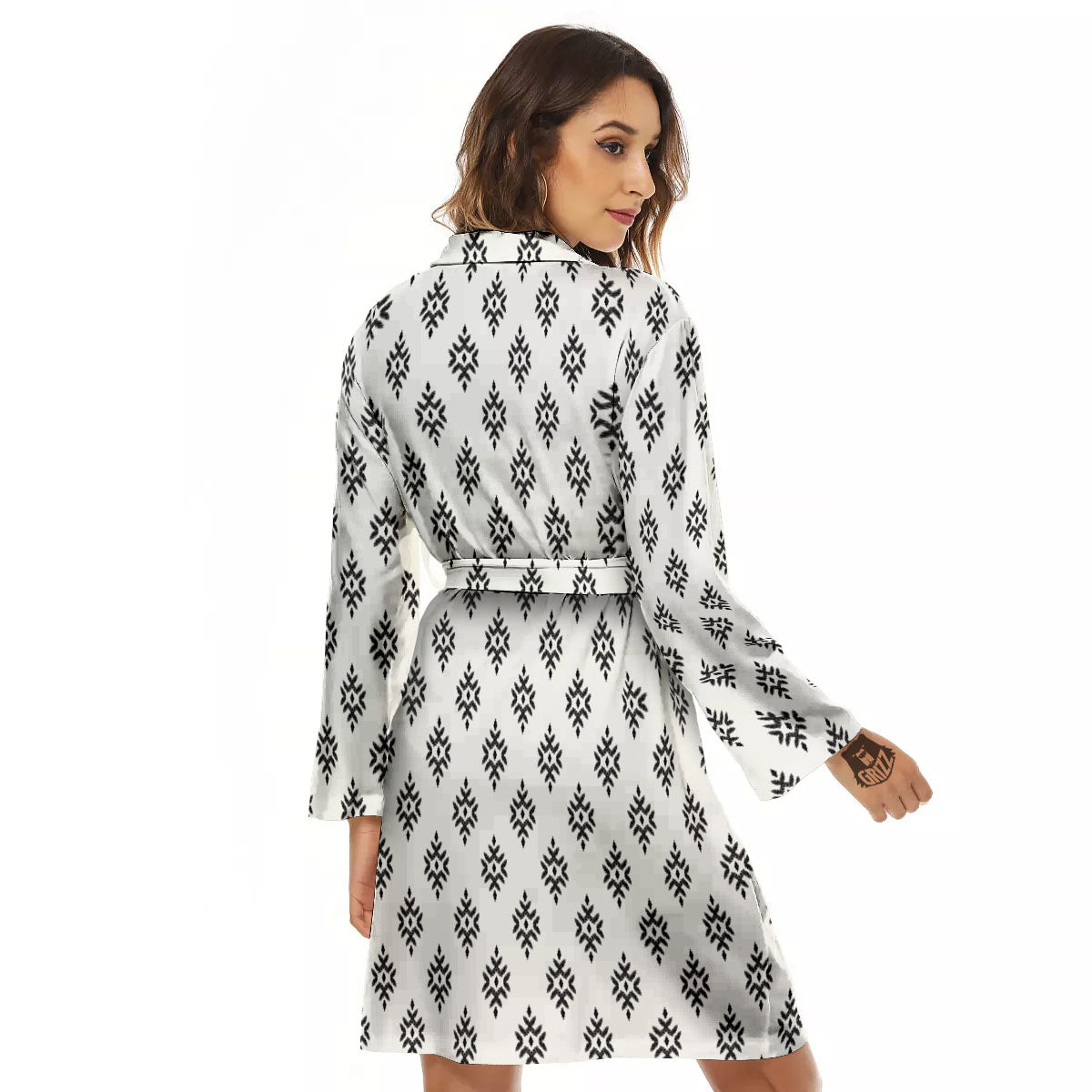 Ethnic Boho White And Black Print Women's Robe-grizzshop