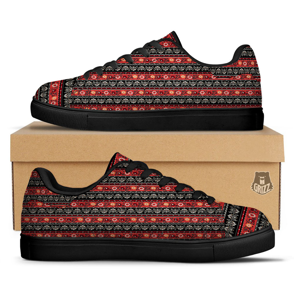 Ethnic Floral Print Pattern Black Low Top Sneakers-grizzshop