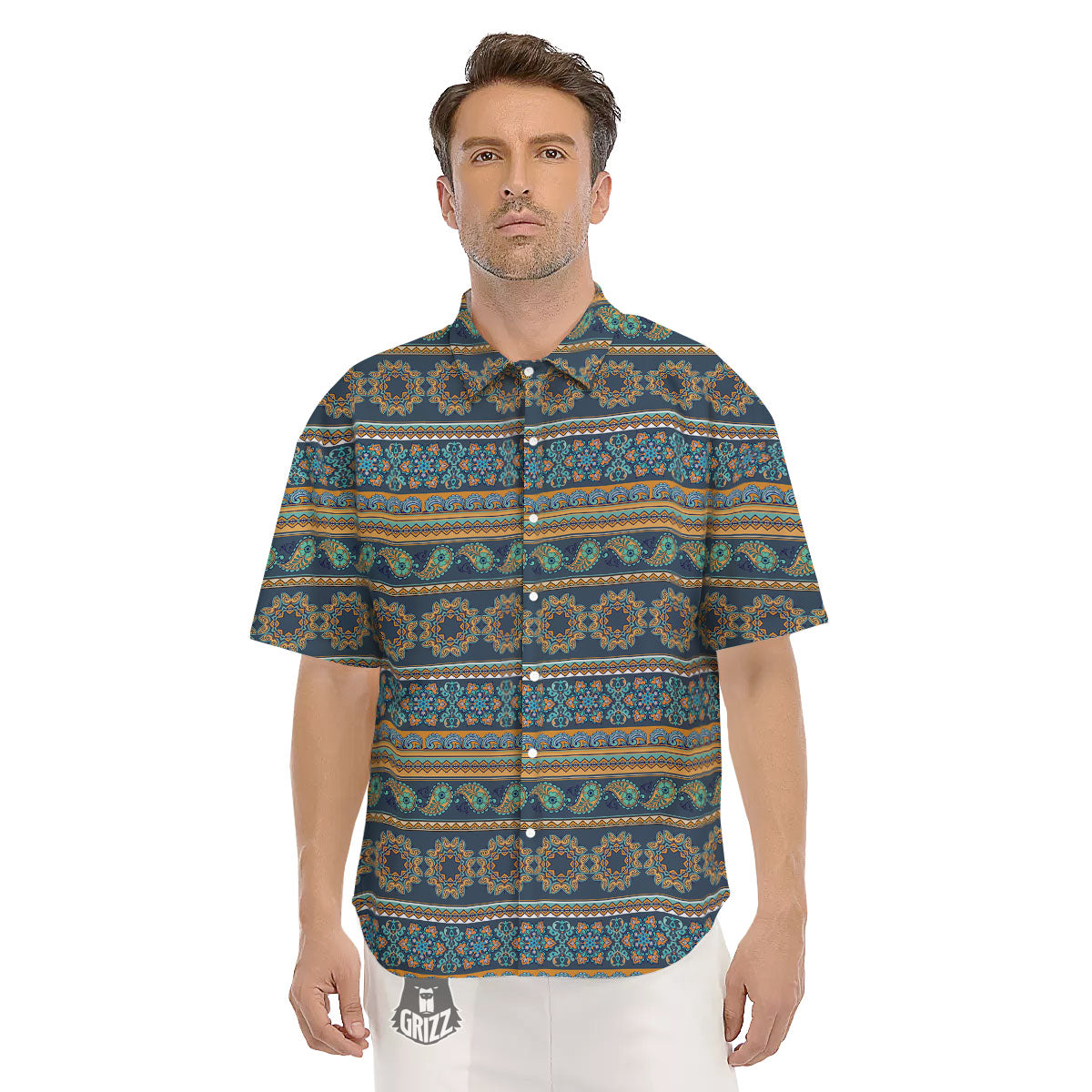 Ethnic Indian Print Pattern Men's Short Sleeve Shirts-grizzshop