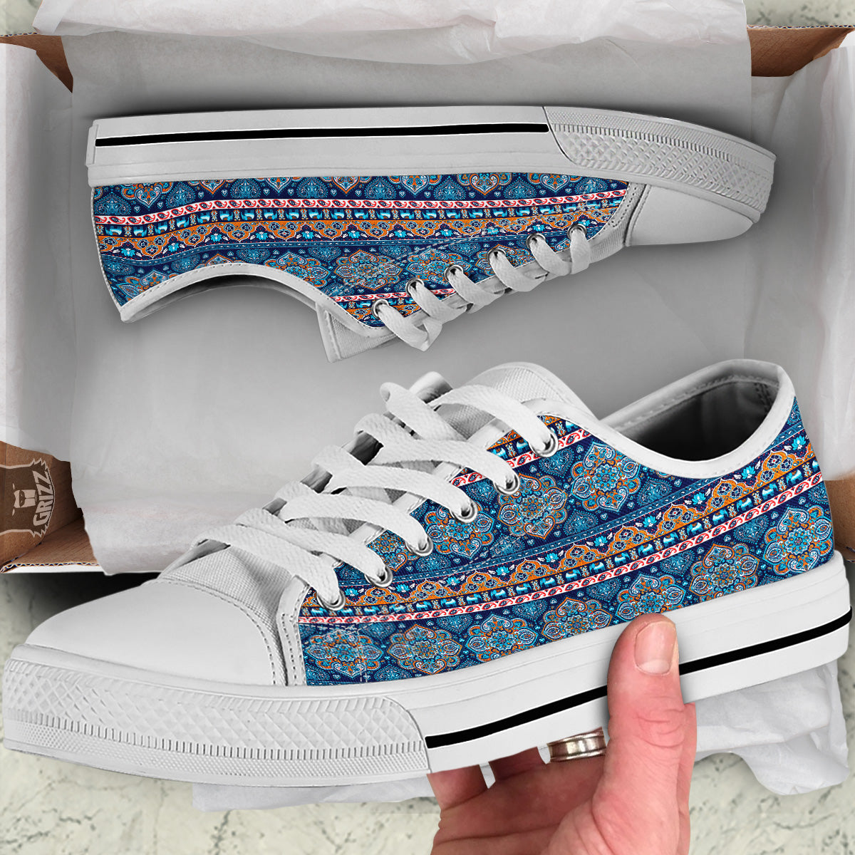 Ethnic Mandala Blue Print Pattern White Low Top Shoes-grizzshop