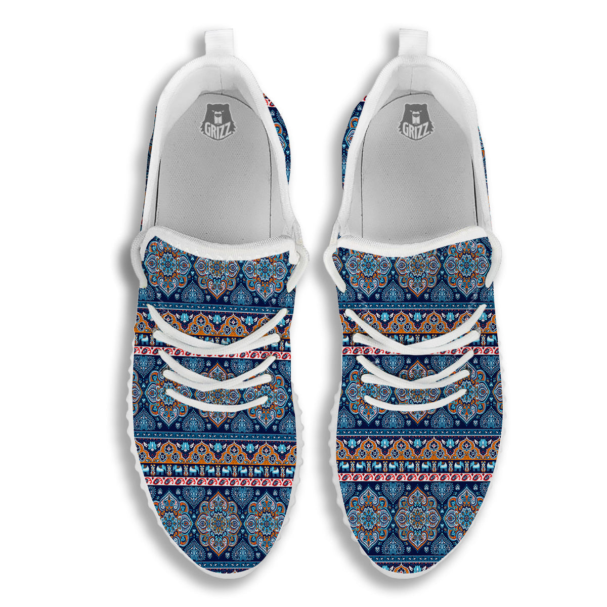 Ethnic Mandala Blue Print Pattern White Walking Shoes-grizzshop