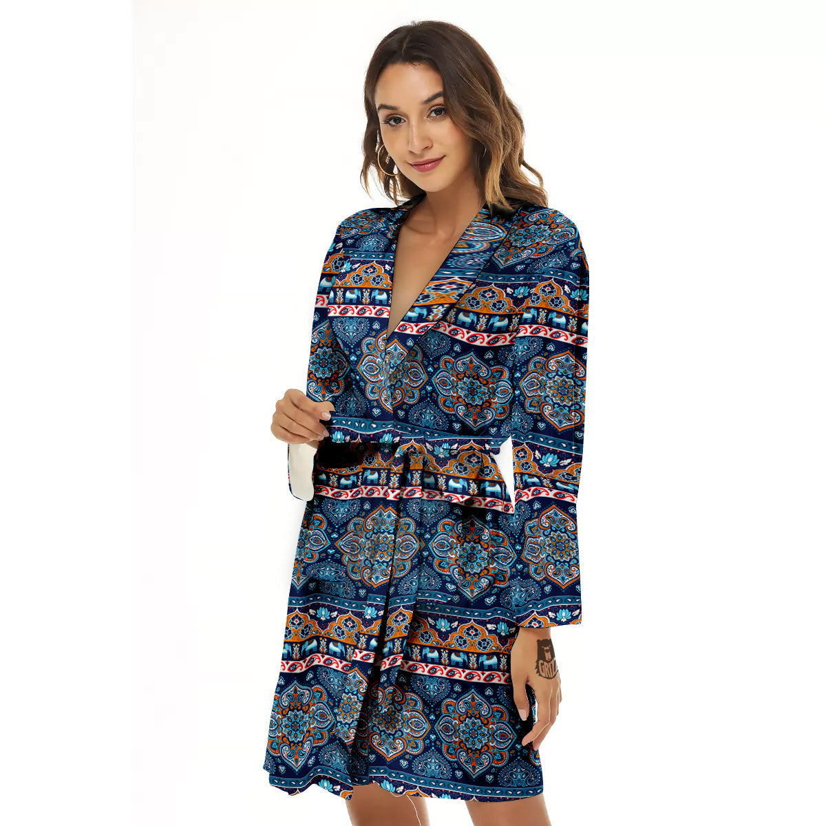 Ethnic Mandala Blue Print Pattern Women's Robe-grizzshop