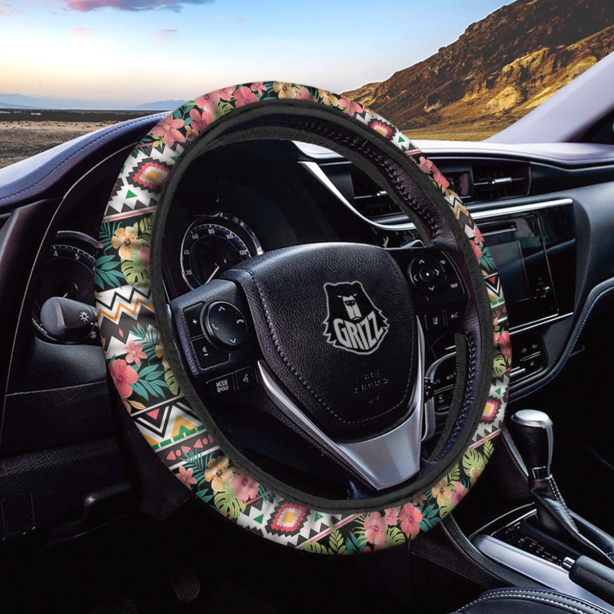 Ethnic Mix Tropical Flower Print Pattern Car Steering Wheel Cover-grizzshop