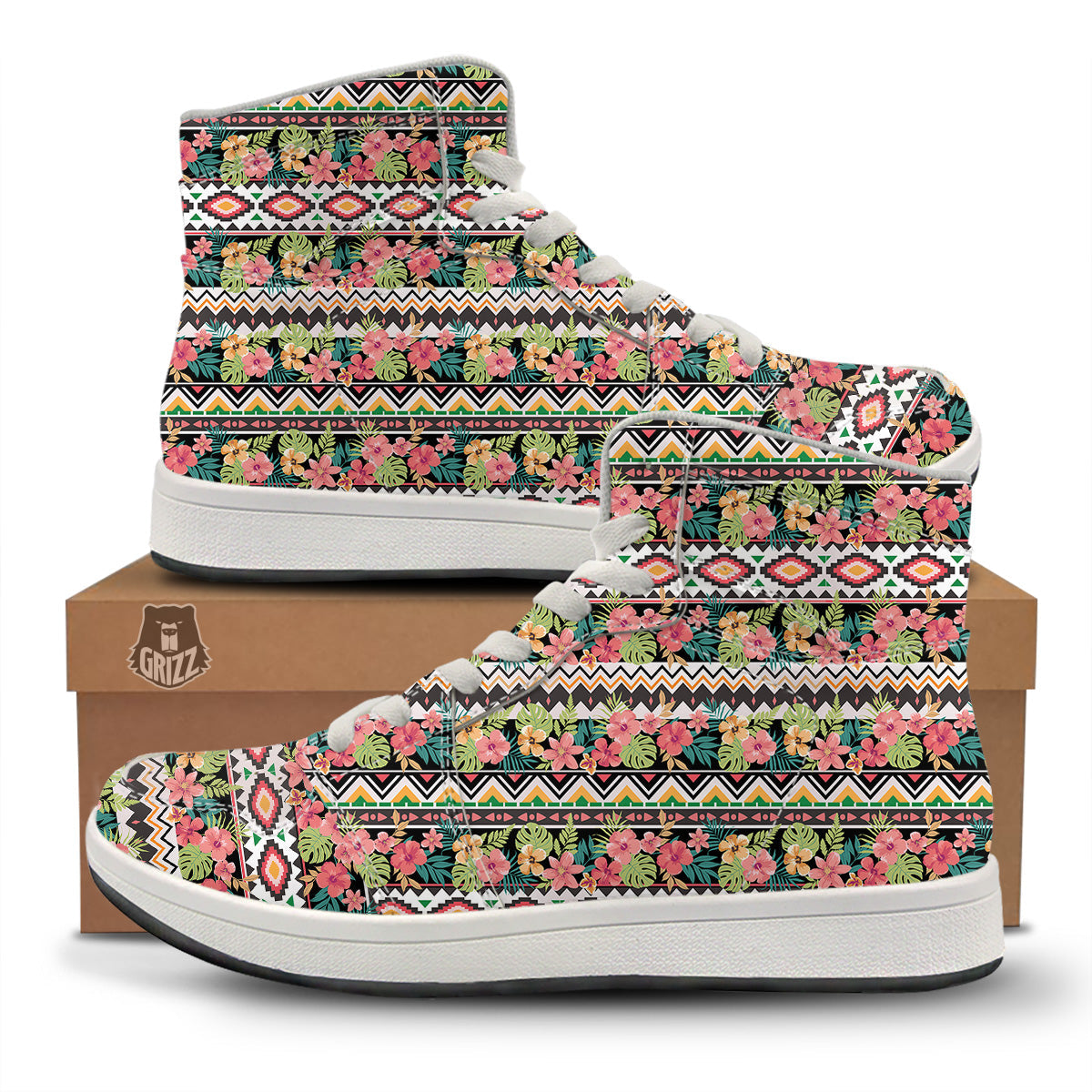 Ethnic Mix Tropical Flower Print Pattern High Top Sneakers-grizzshop