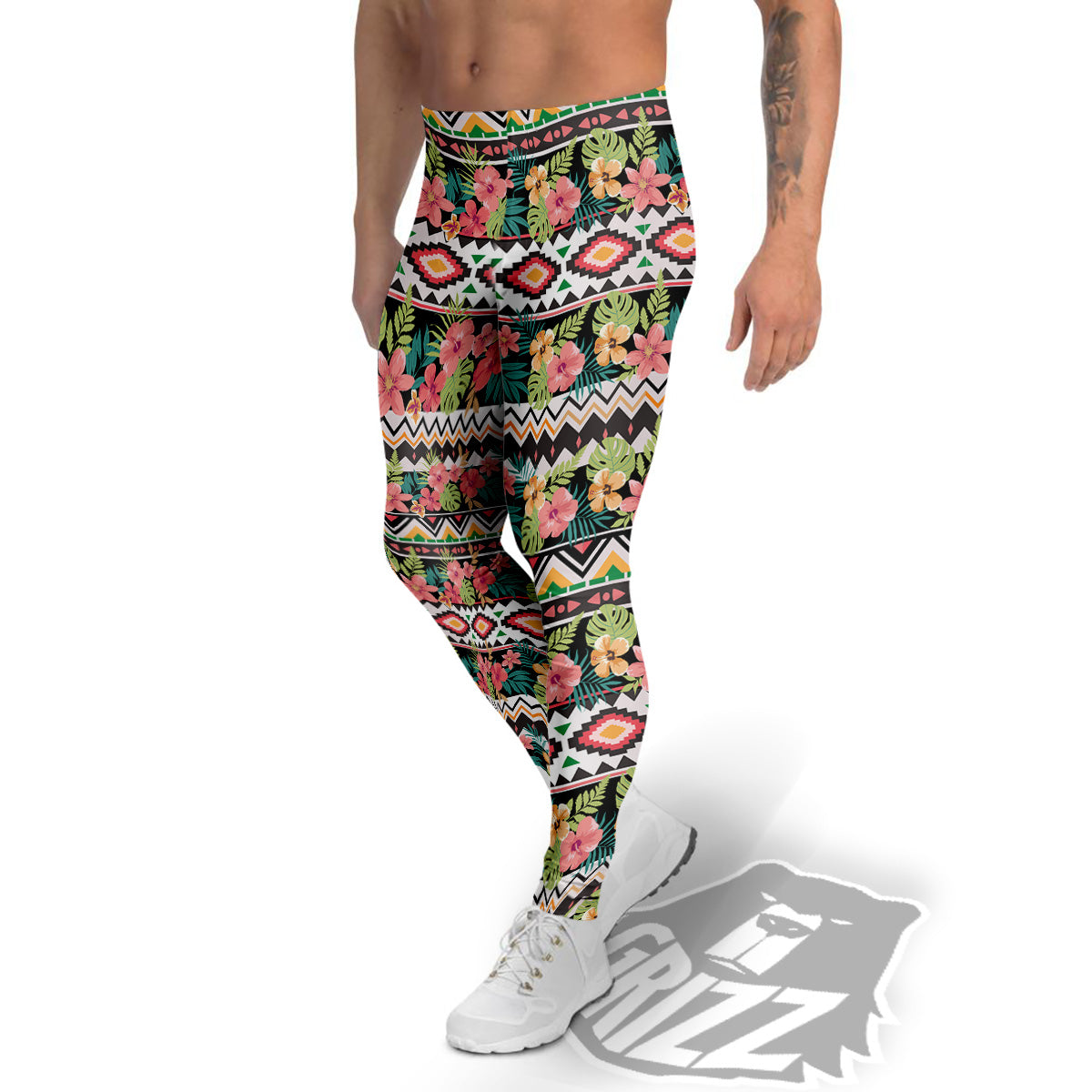 Ethnic Mix Tropical Flower Print Pattern Men's Leggings-grizzshop