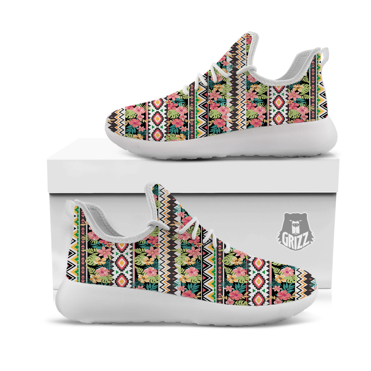 Ethnic Mix Tropical Flower Print Pattern White Athletic Shoes-grizzshop