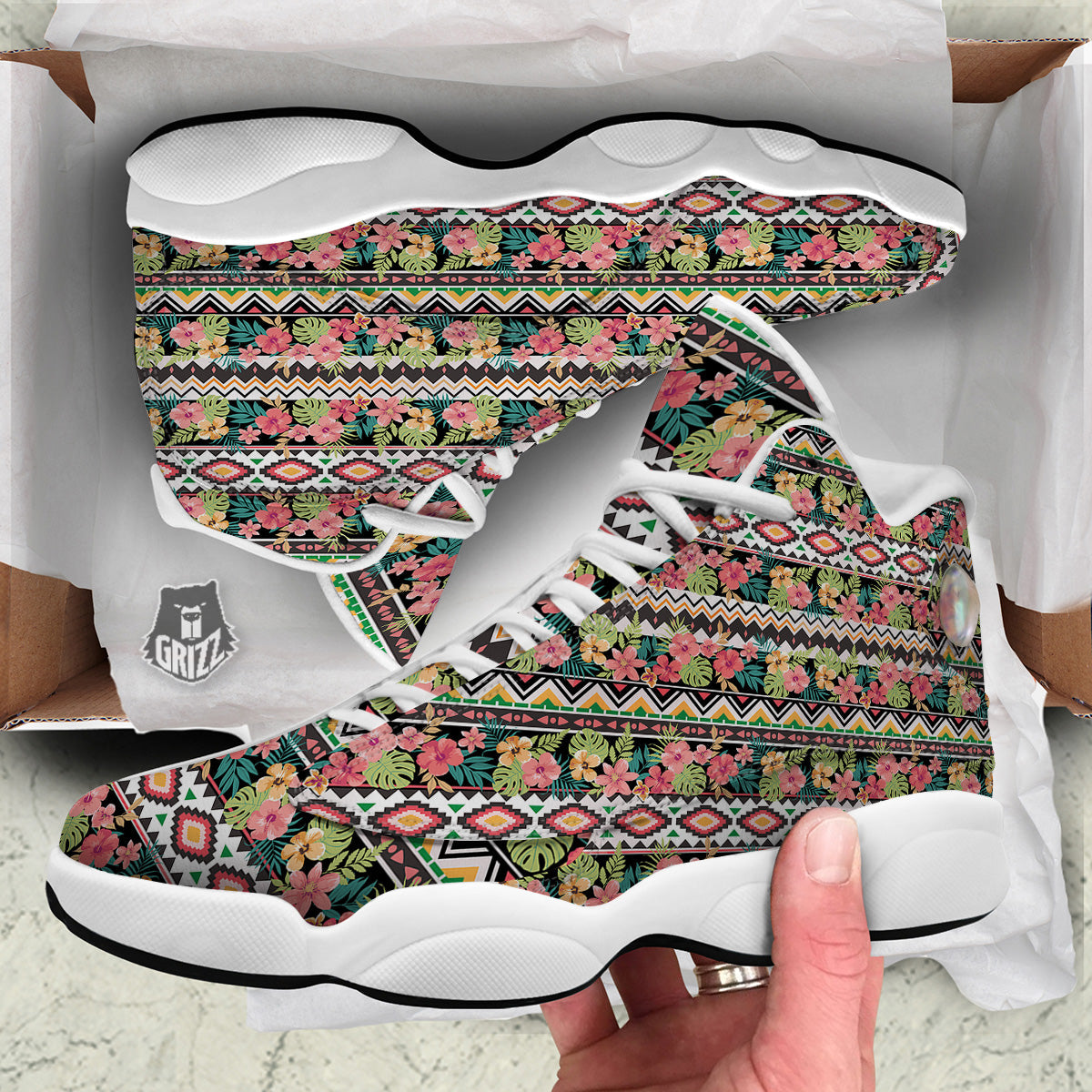 Ethnic Mix Tropical Flower Print Pattern White Basketball Shoes-grizzshop