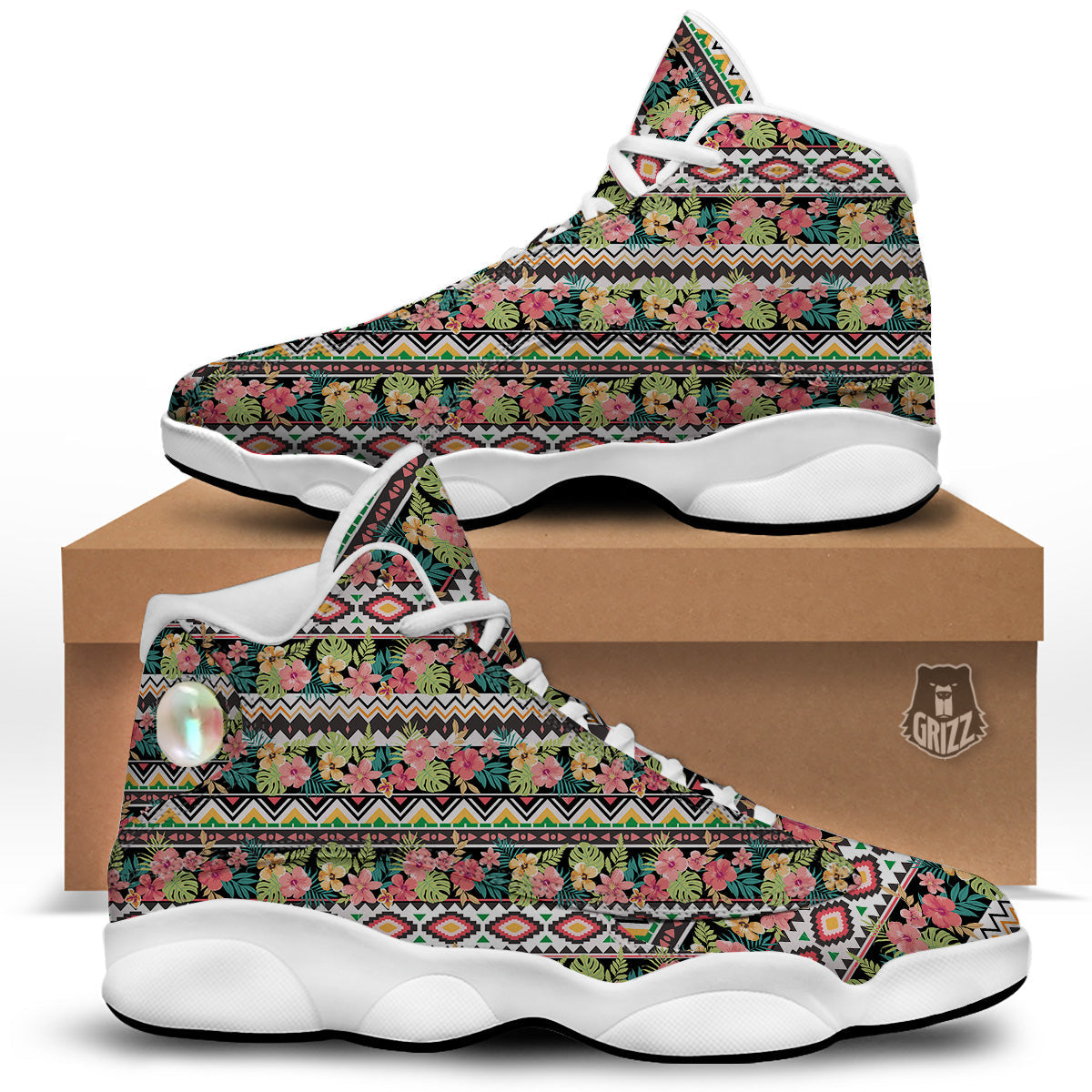 Ethnic Mix Tropical Flower Print Pattern White Basketball Shoes-grizzshop