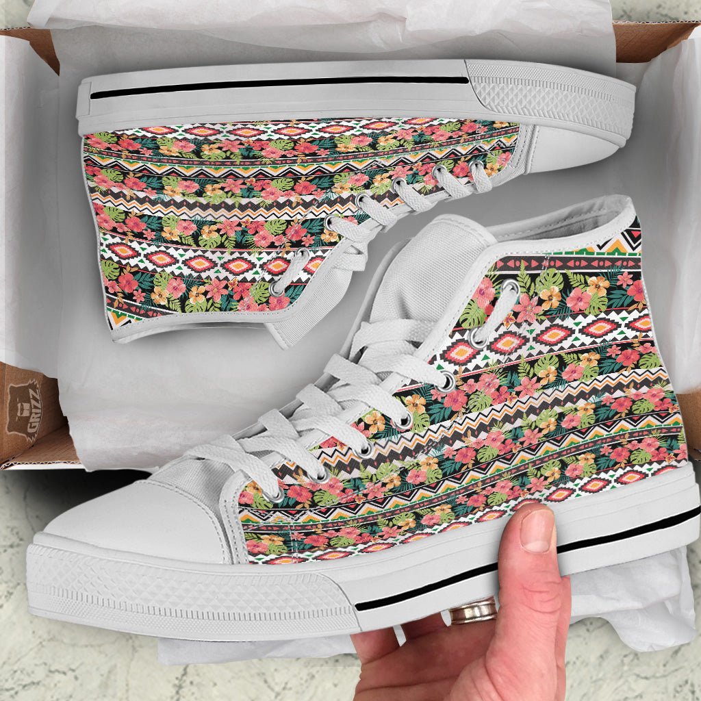 Ethnic Mix Tropical Flower Print Pattern White High Top Shoes-grizzshop