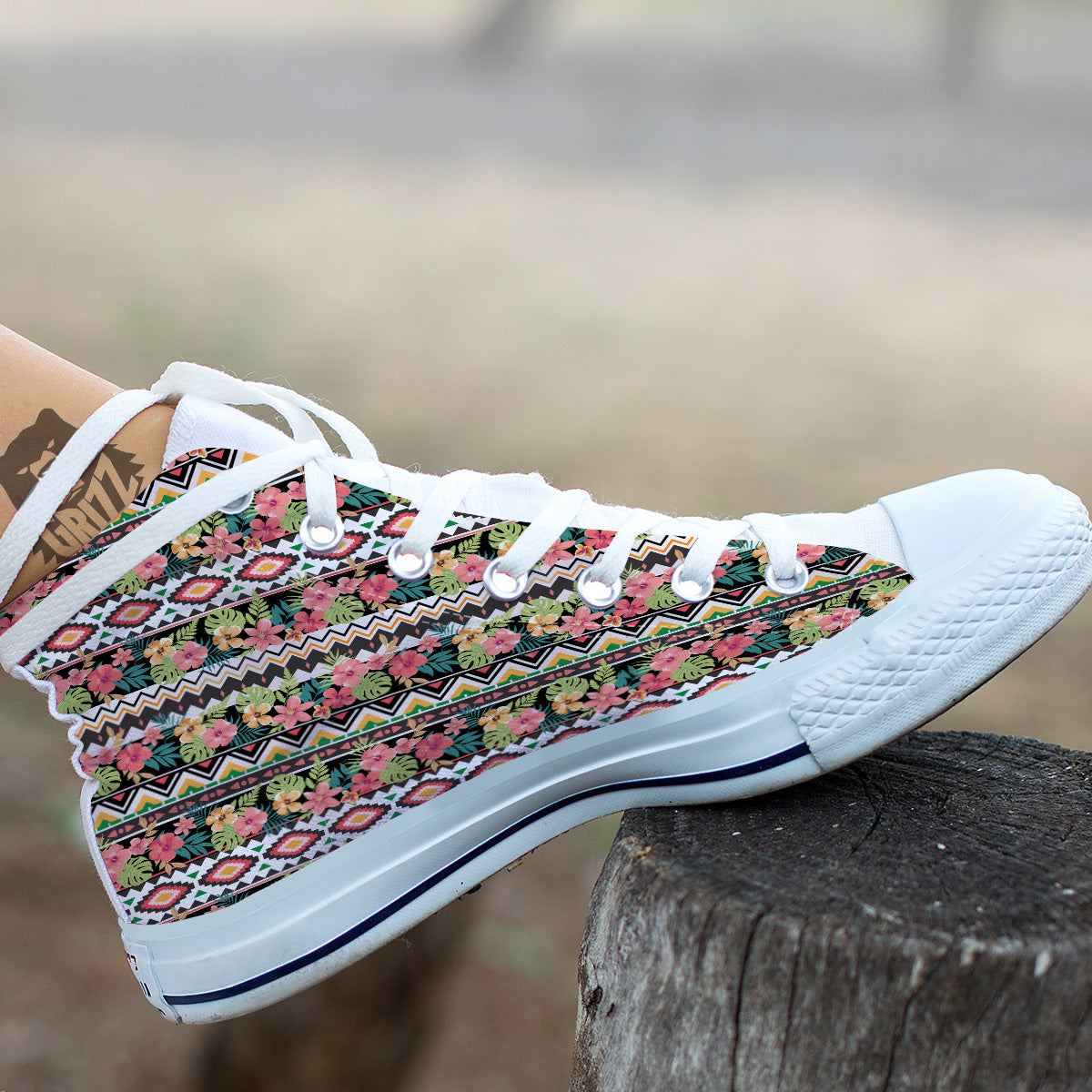 Ethnic Mix Tropical Flower Print Pattern White High Top Shoes-grizzshop