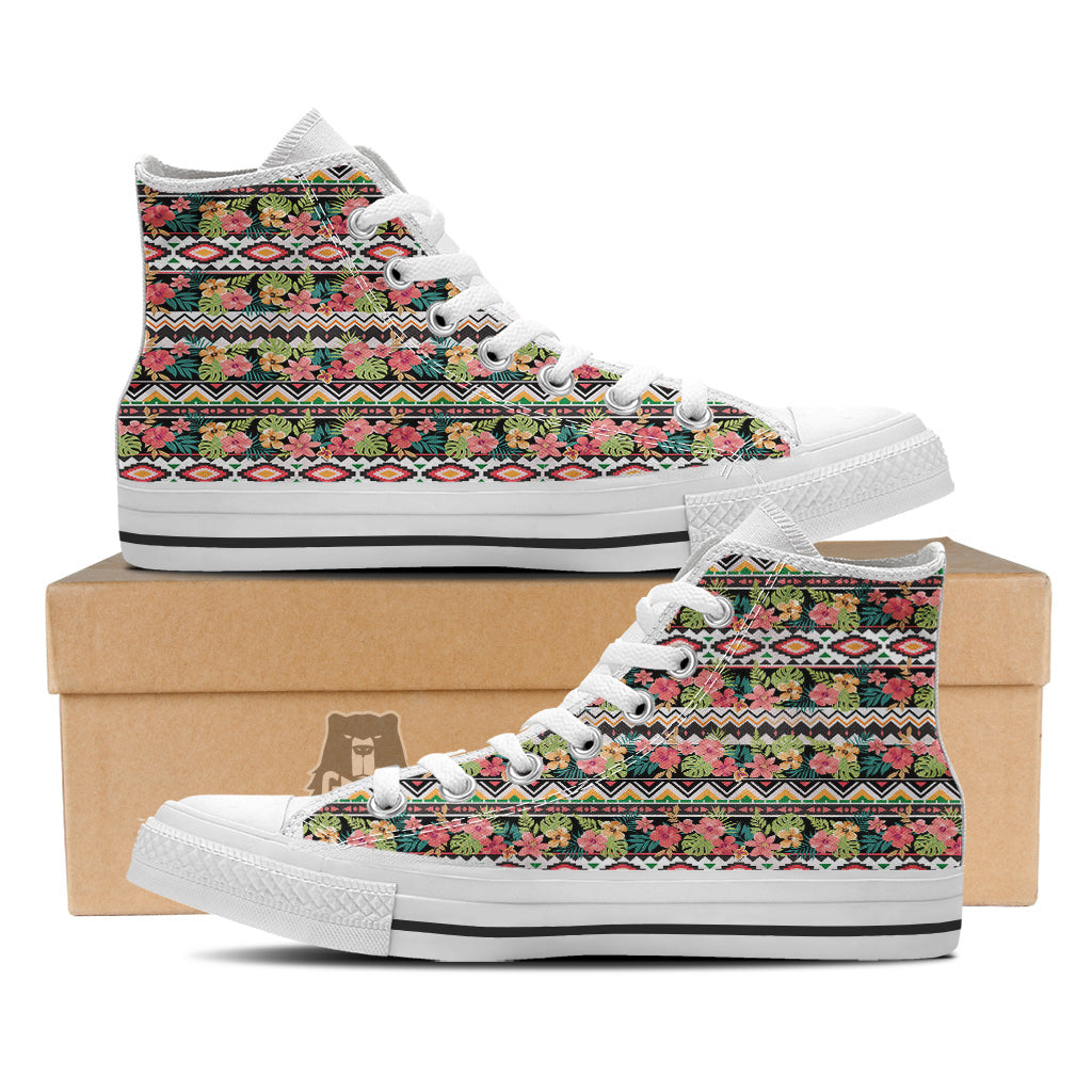 Ethnic Mix Tropical Flower Print Pattern White High Top Shoes-grizzshop