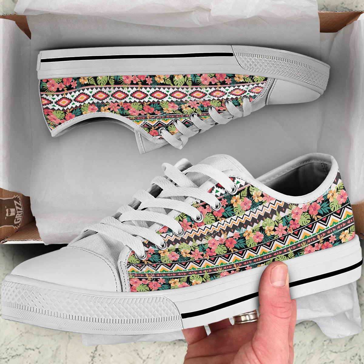Ethnic Mix Tropical Flower Print Pattern White Low Top Shoes-grizzshop