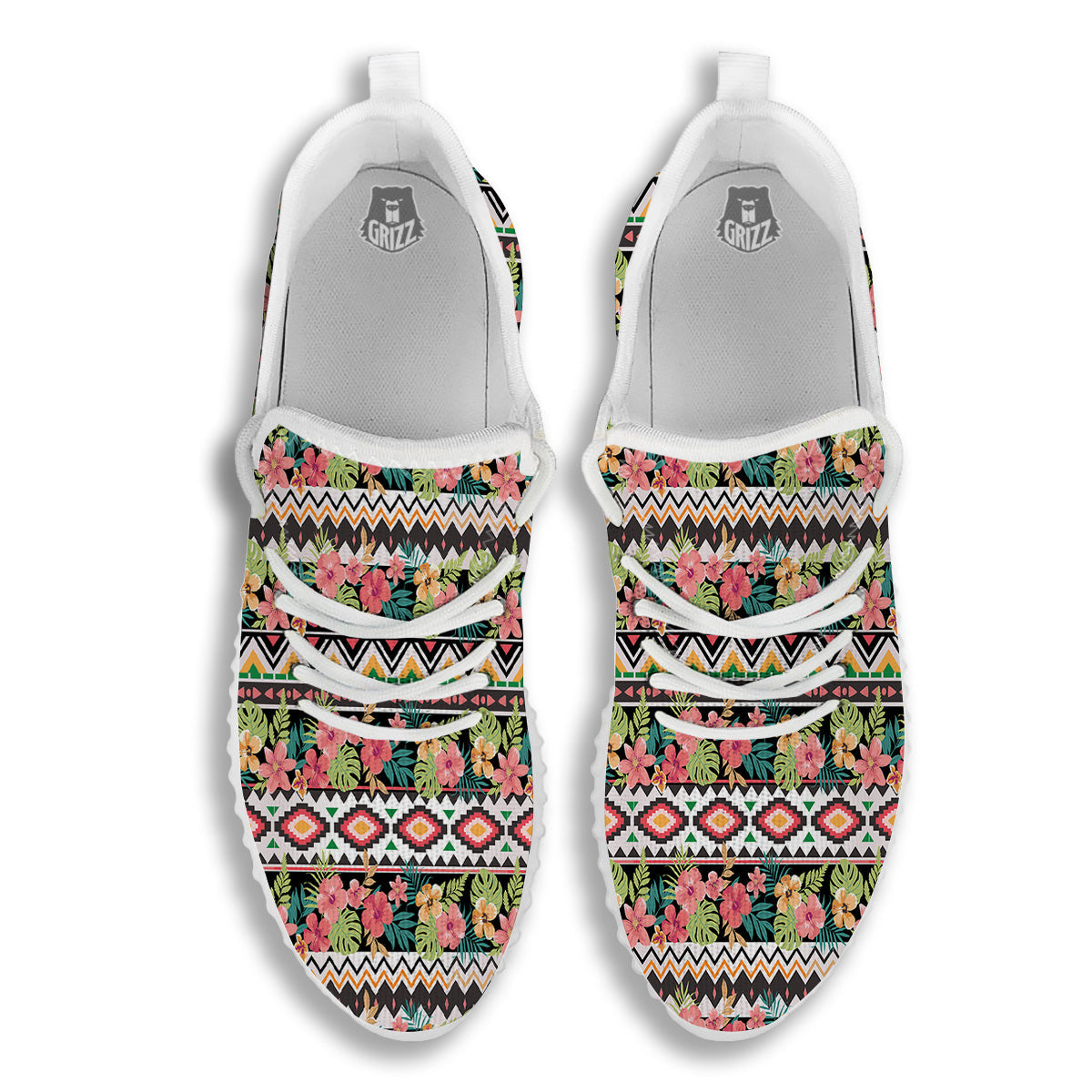 Ethnic Mix Tropical Flower Print Pattern White Walking Shoes-grizzshop