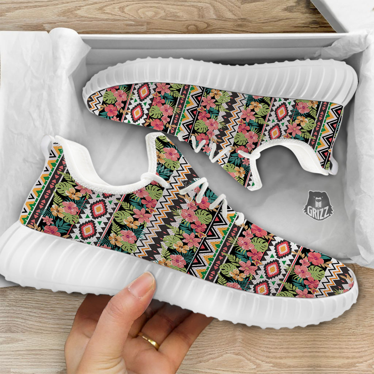 Ethnic Mix Tropical Flower Print Pattern White Walking Shoes-grizzshop