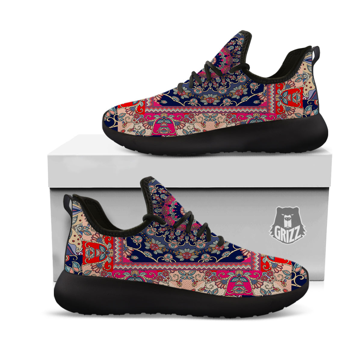 Ethnic Patchwork Square Print Black Athletic Shoes-grizzshop
