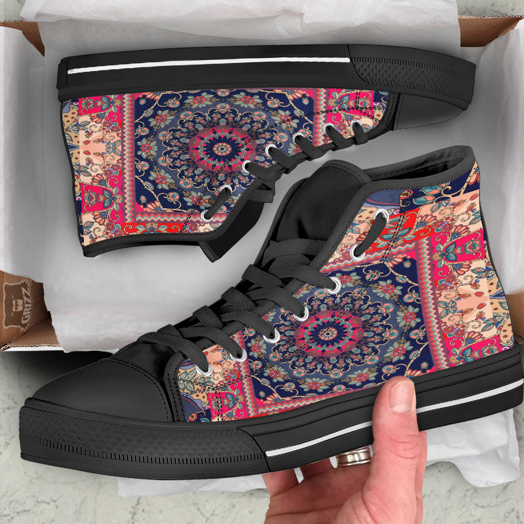 Ethnic Patchwork Square Print Black High Top Shoes-grizzshop