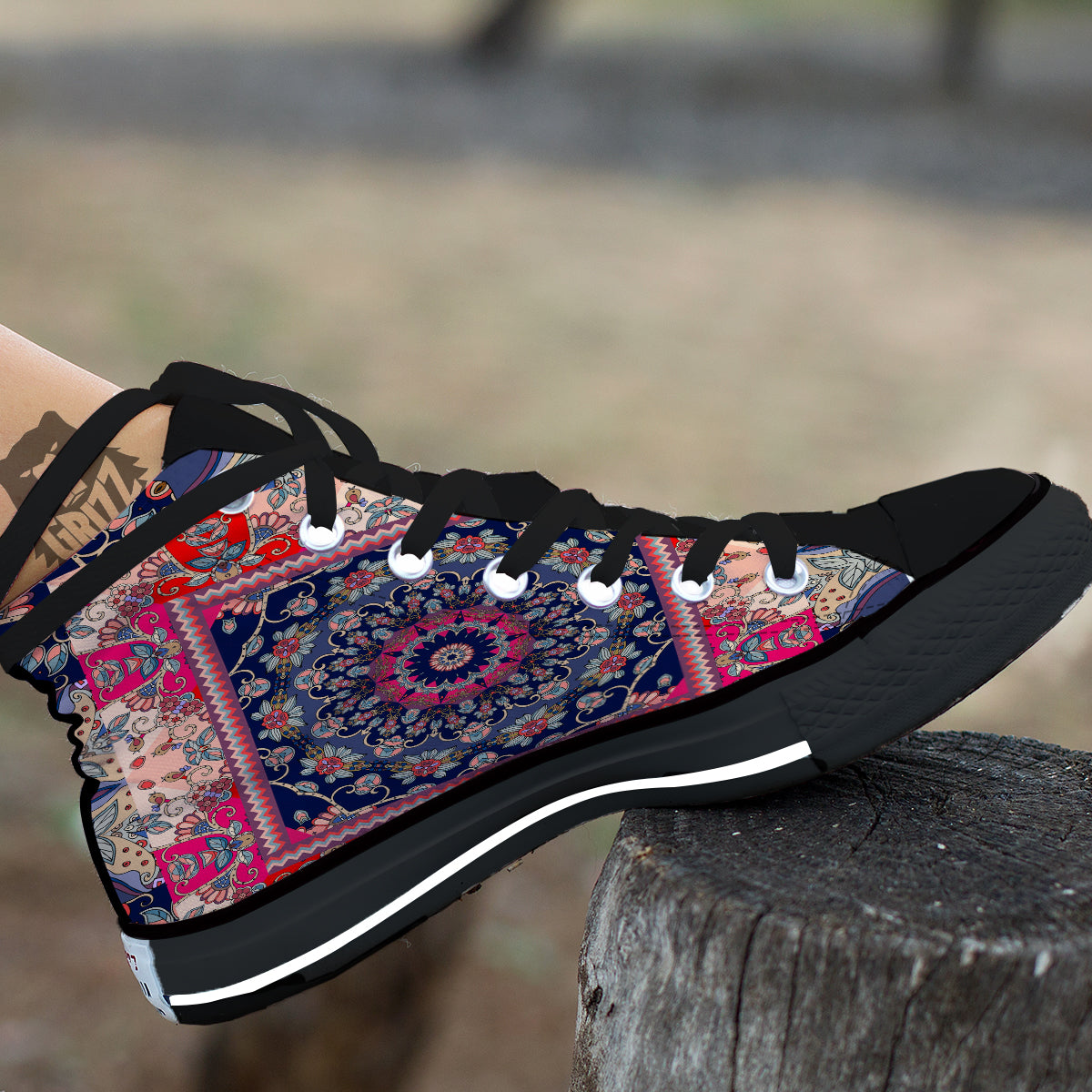 Ethnic Patchwork Square Print Black High Top Shoes-grizzshop