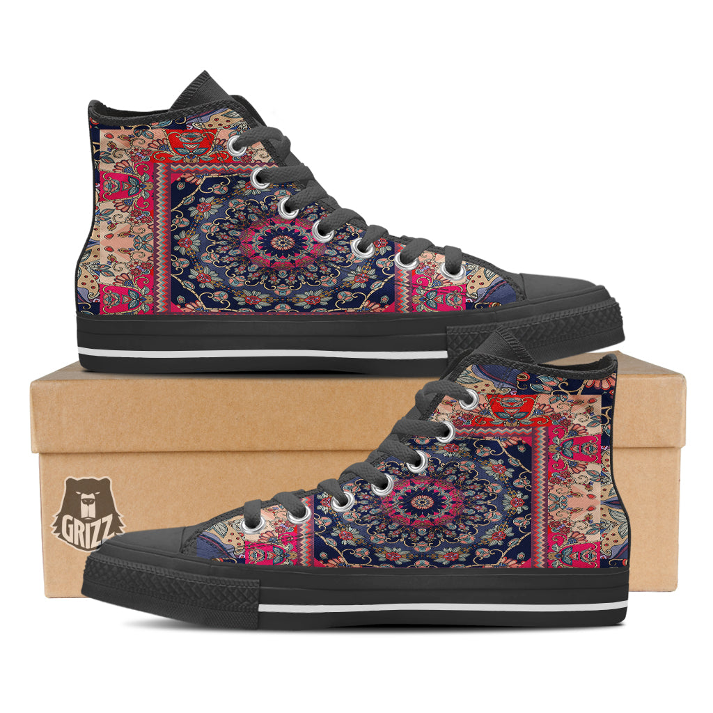 Ethnic Patchwork Square Print Black High Top Shoes-grizzshop