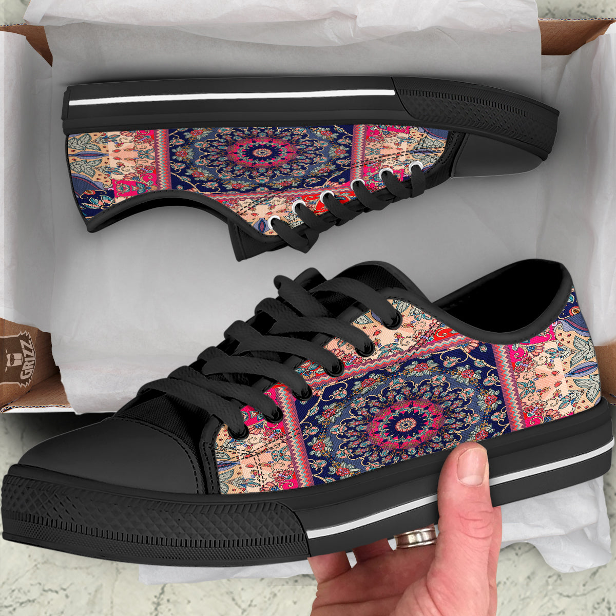 Ethnic Patchwork Square Print Black Low Top Shoes-grizzshop