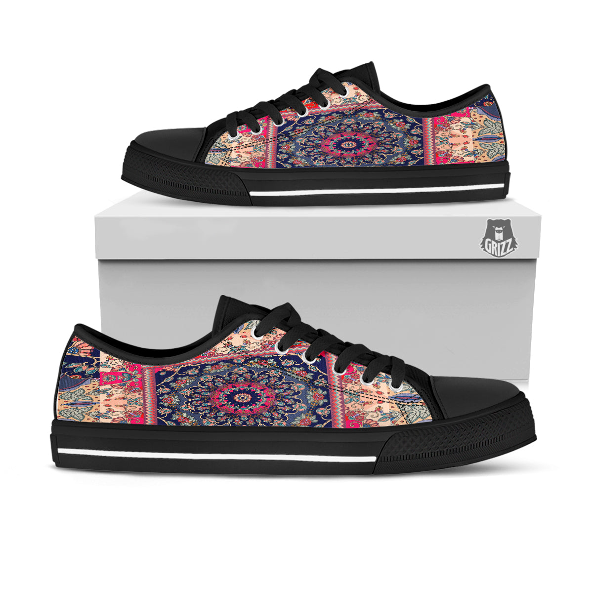 Ethnic Patchwork Square Print Black Low Top Shoes-grizzshop