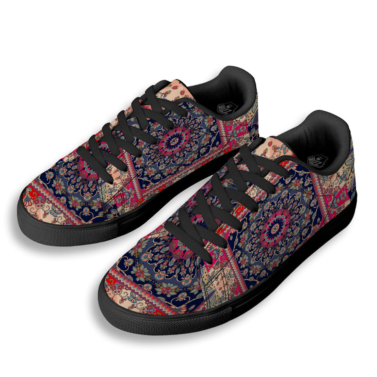 Ethnic Patchwork Square Print Black Low Top Sneakers-grizzshop
