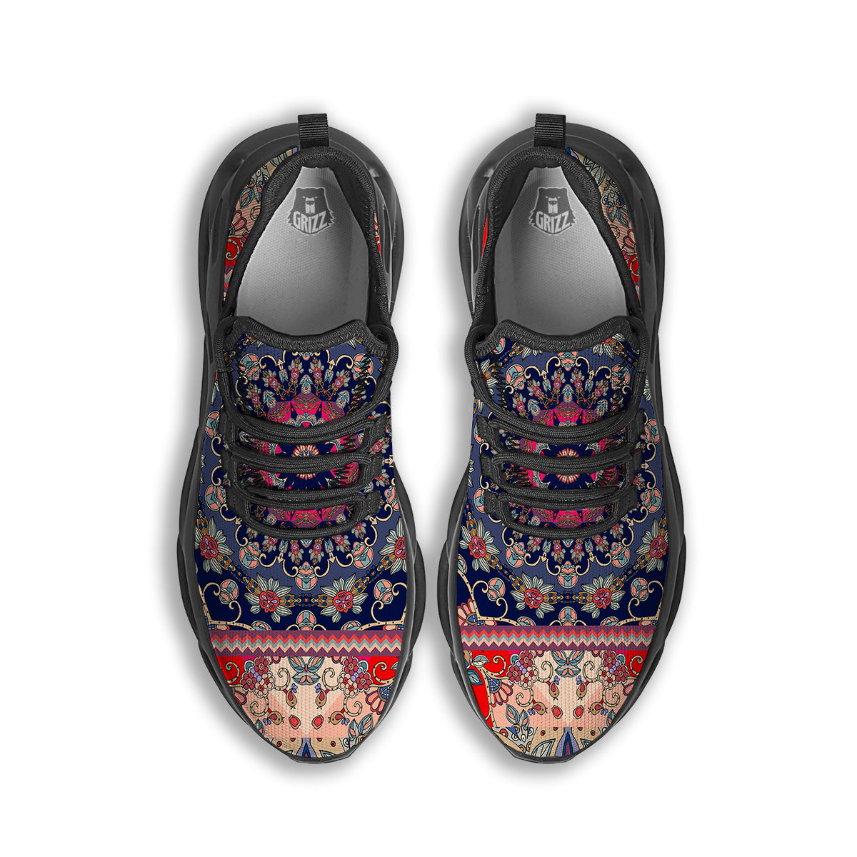 Ethnic Patchwork Square Print Black Running Shoes-grizzshop