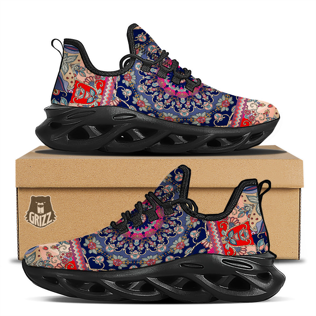 Ethnic Patchwork Square Print Black Running Shoes-grizzshop