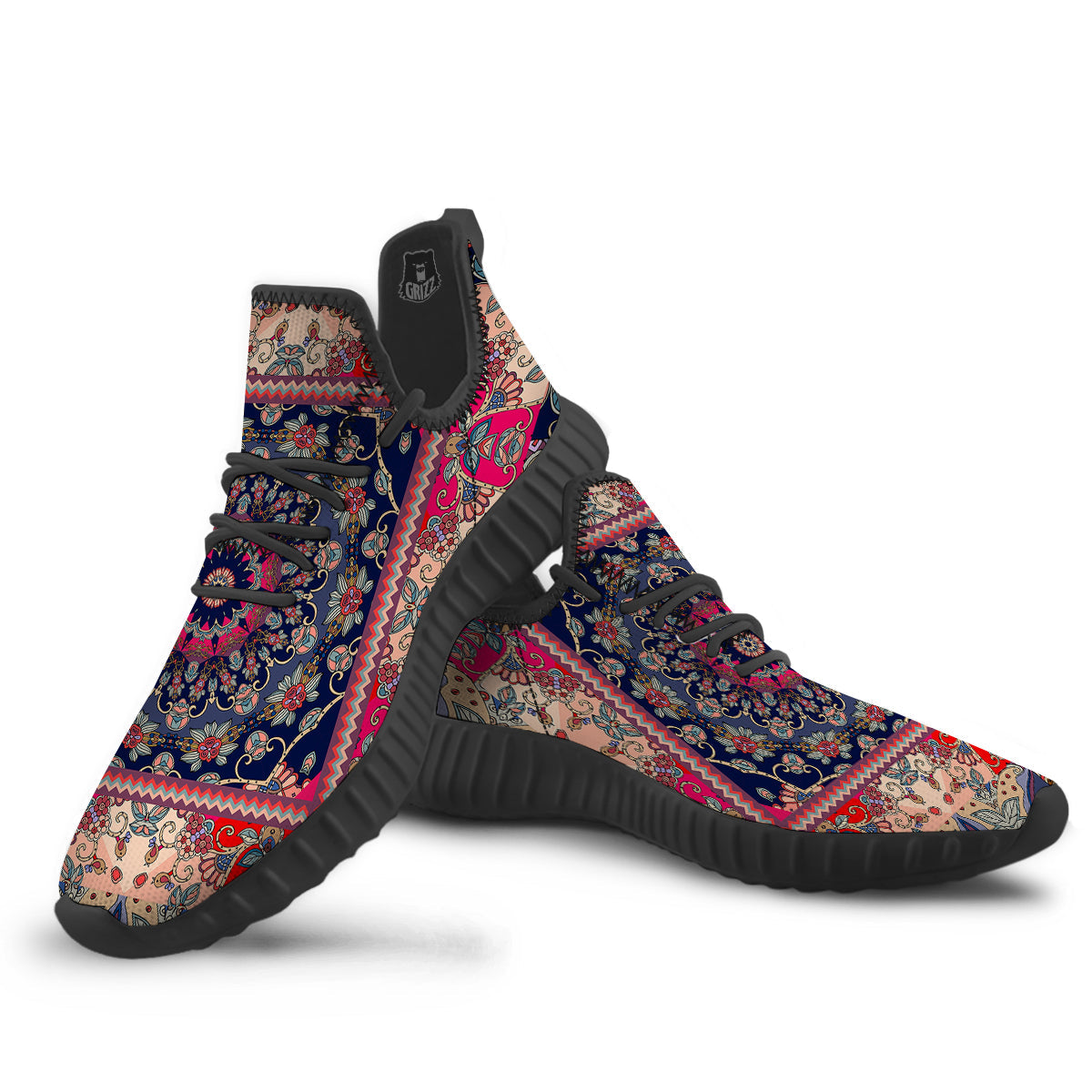 Ethnic Patchwork Square Print Black Walking Shoes-grizzshop