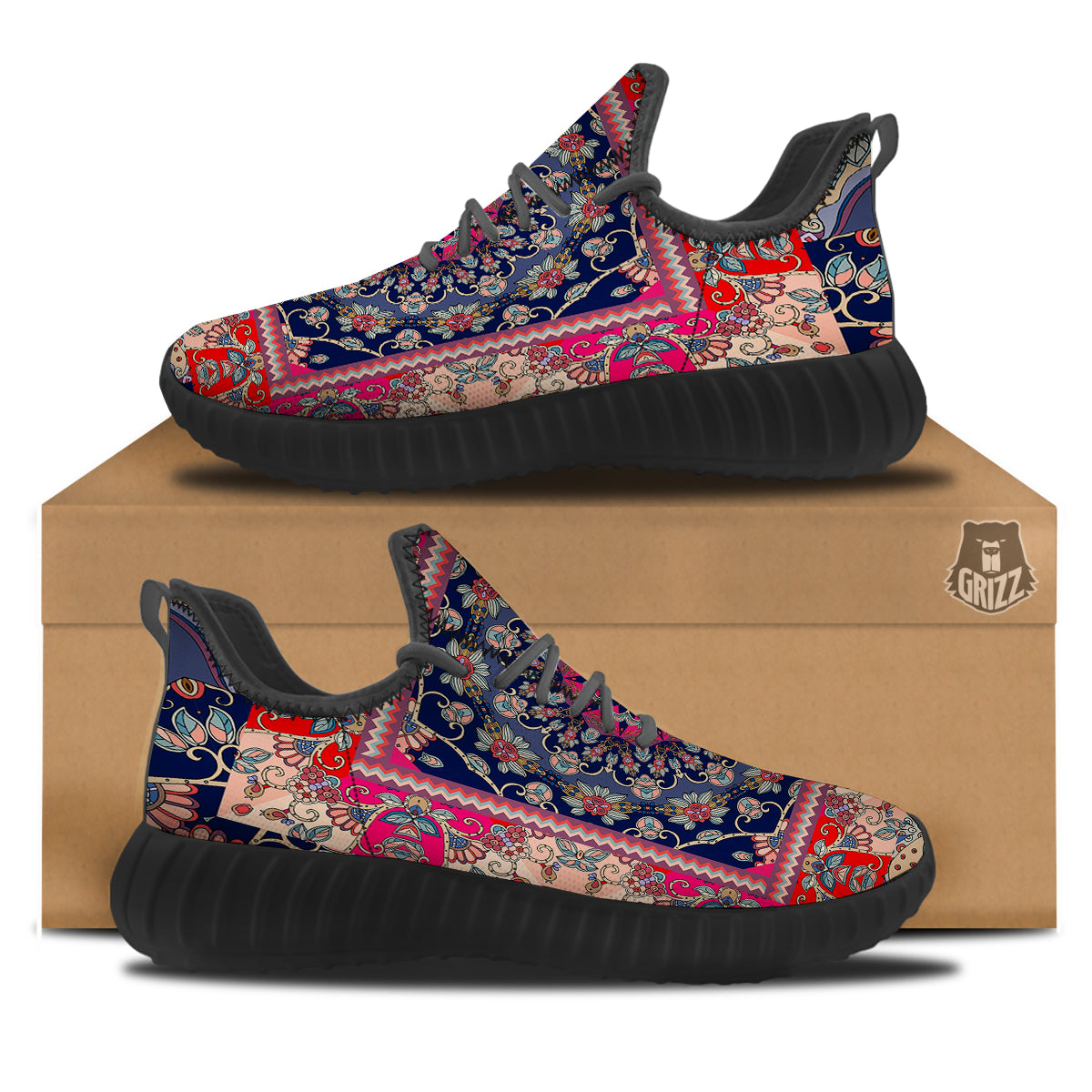 Ethnic Patchwork Square Print Black Walking Shoes-grizzshop
