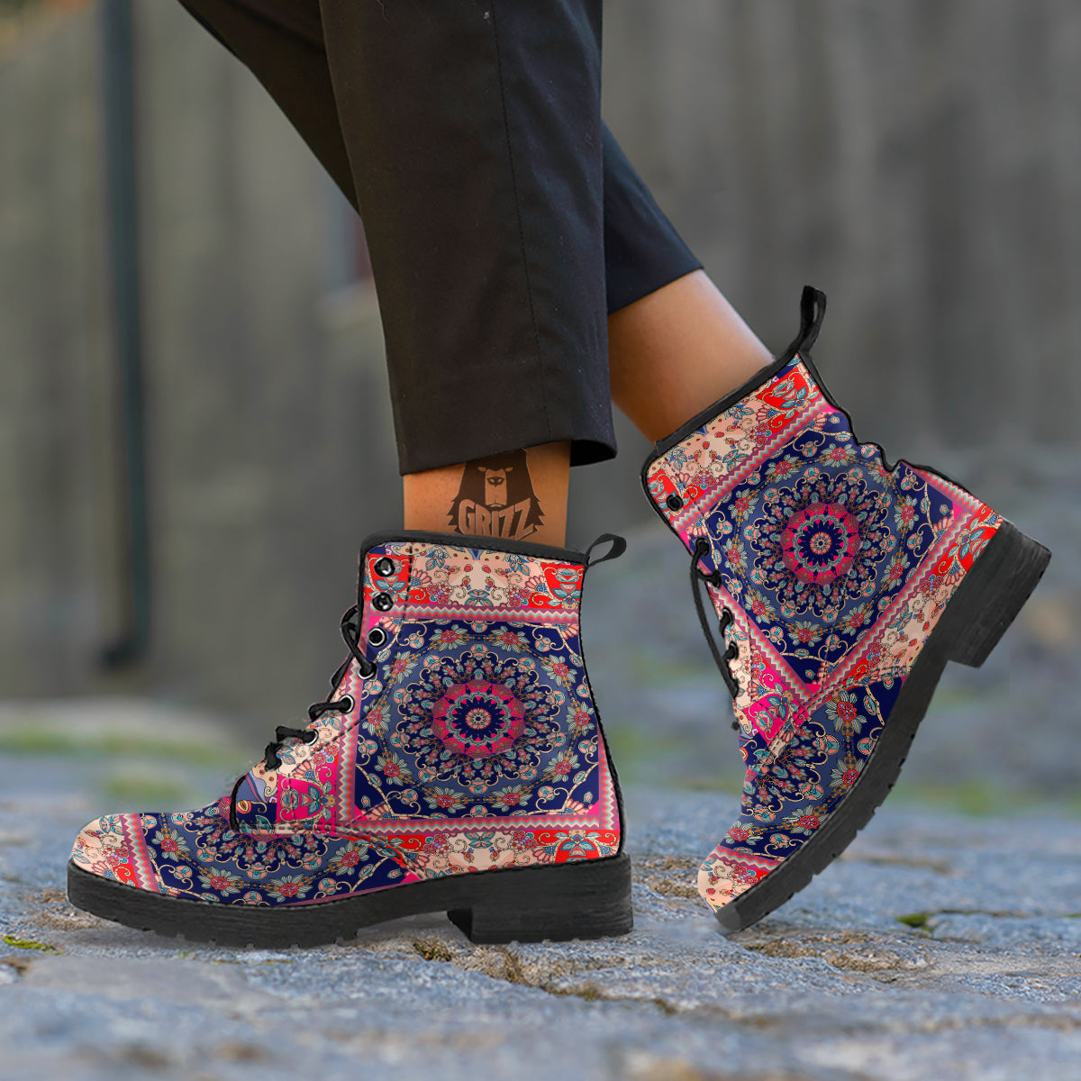 Ethnic Patchwork Square Print Leather Boots-grizzshop