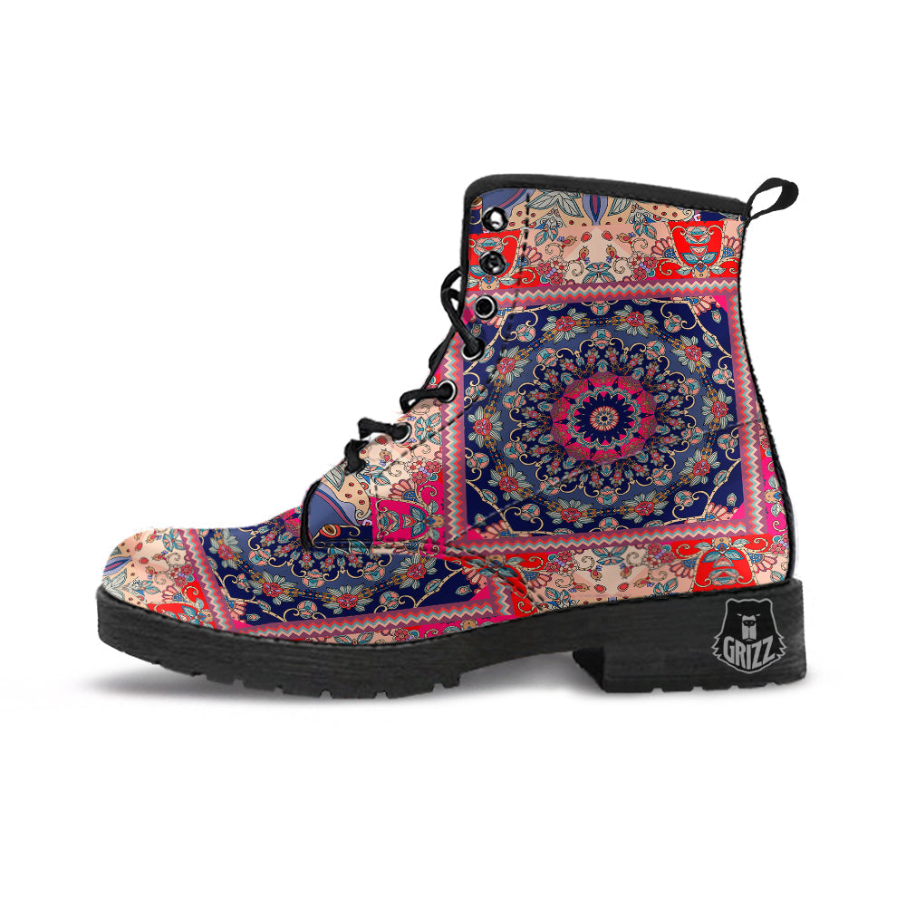 Ethnic Patchwork Square Print Leather Boots-grizzshop
