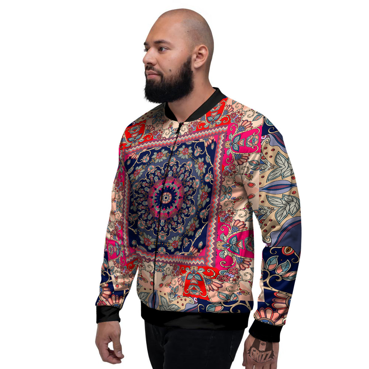 Ethnic Patchwork Square Print Men's Bomber Jacket-grizzshop