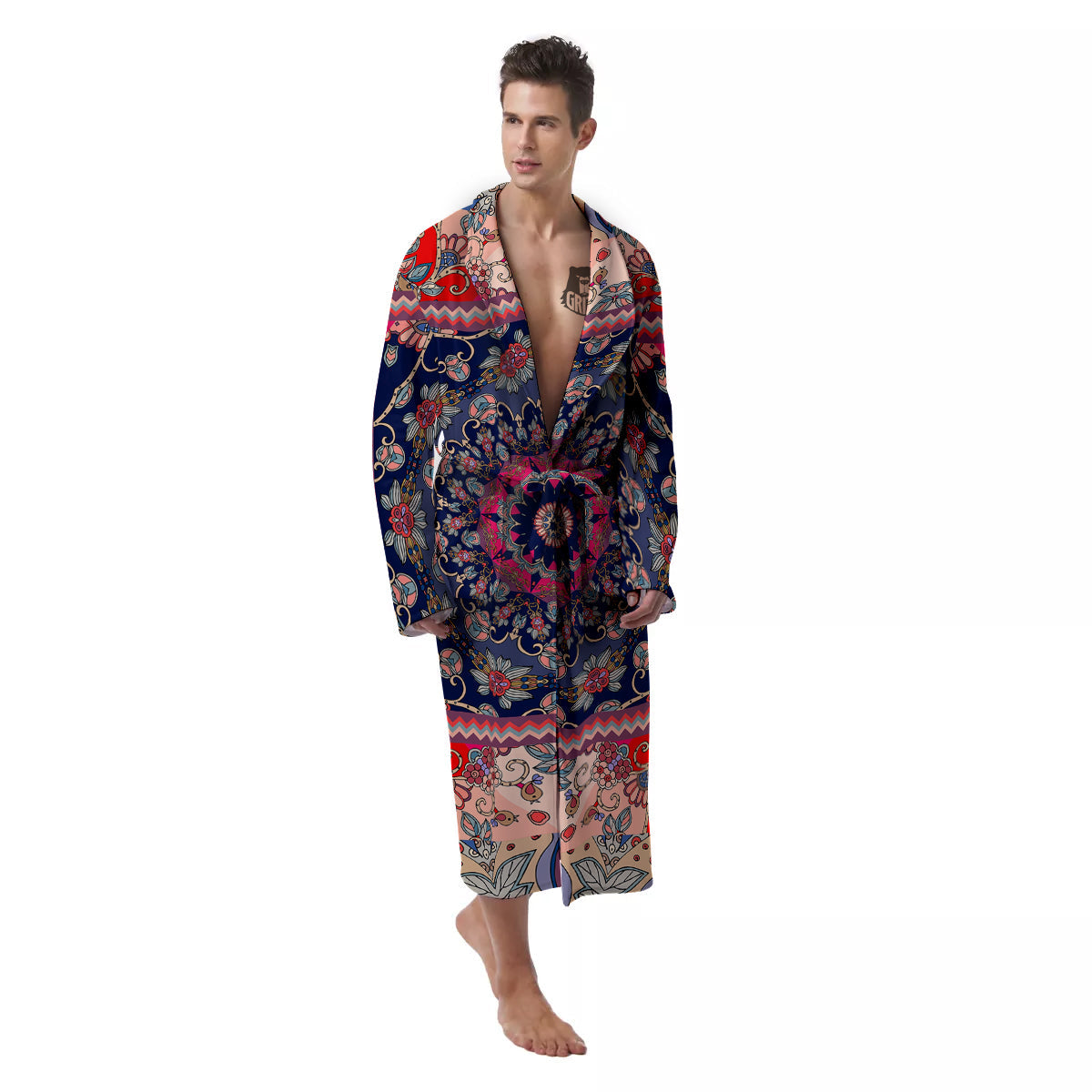Ethnic Patchwork Square Print Men's Robe-grizzshop