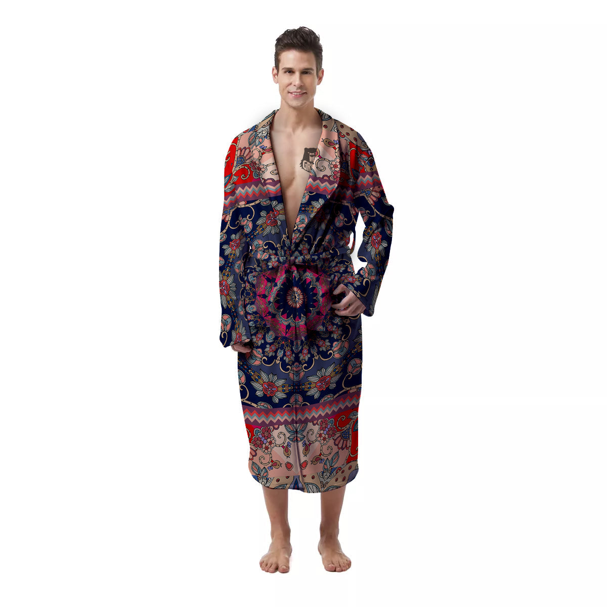 Ethnic Patchwork Square Print Men's Robe-grizzshop