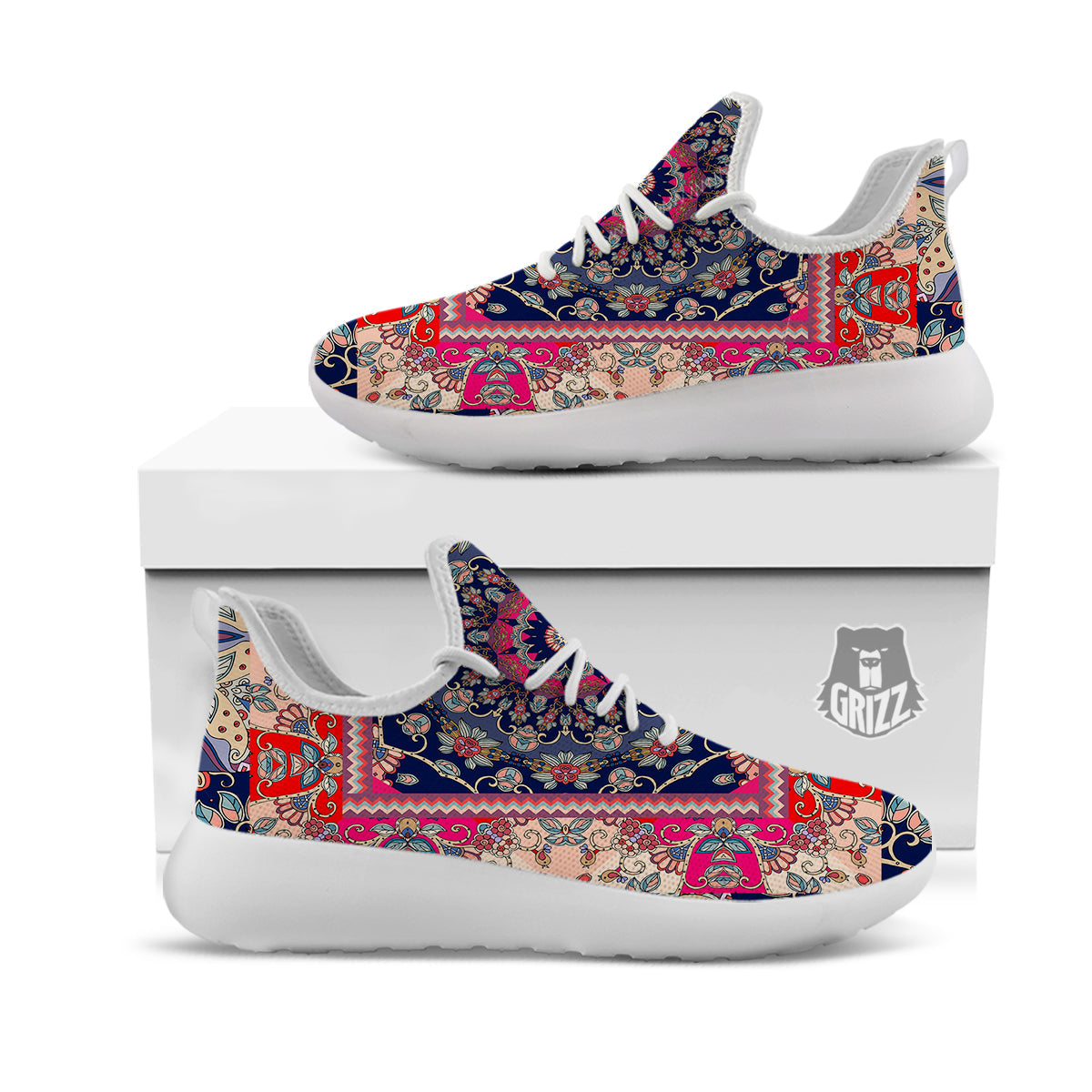 Ethnic Patchwork Square Print White Athletic Shoes-grizzshop