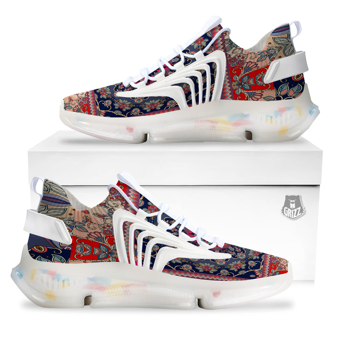Ethnic Patchwork Square Print White Gym Shoes-grizzshop