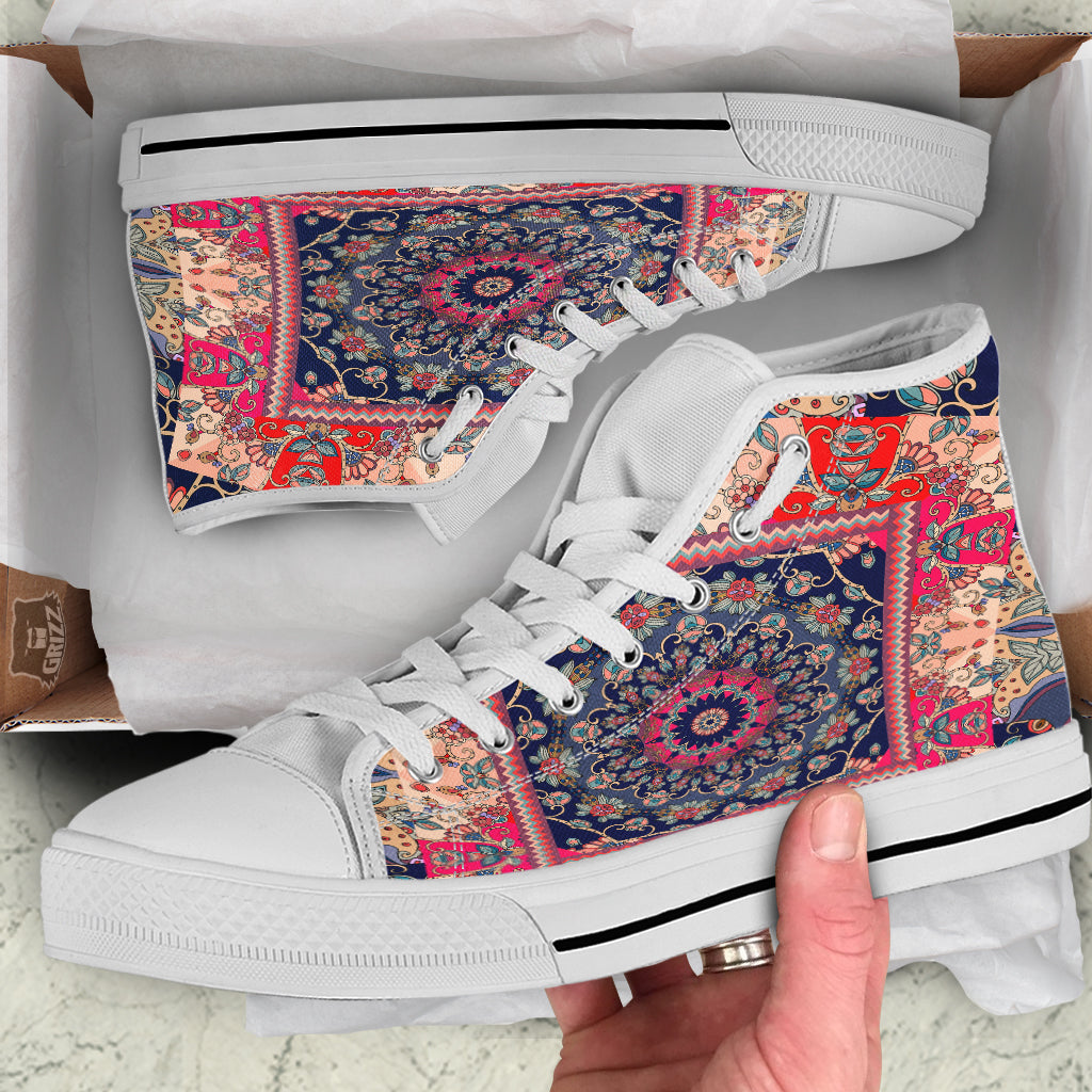 Ethnic Patchwork Square Print White High Top Shoes-grizzshop