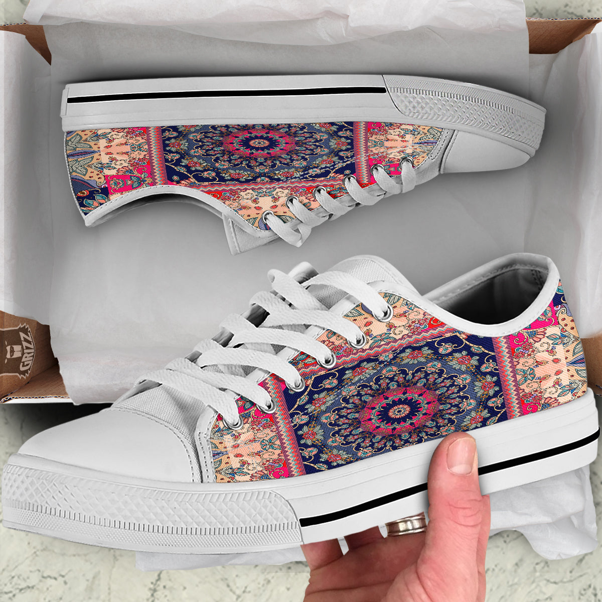 Ethnic Patchwork Square Print White Low Top Shoes-grizzshop