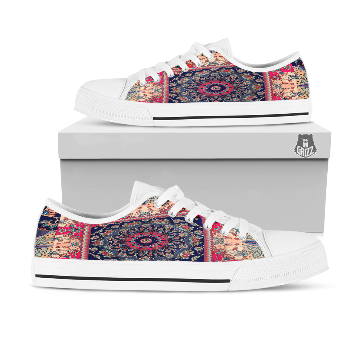 Ethnic Patchwork Square Print White Low Top Shoes-grizzshop