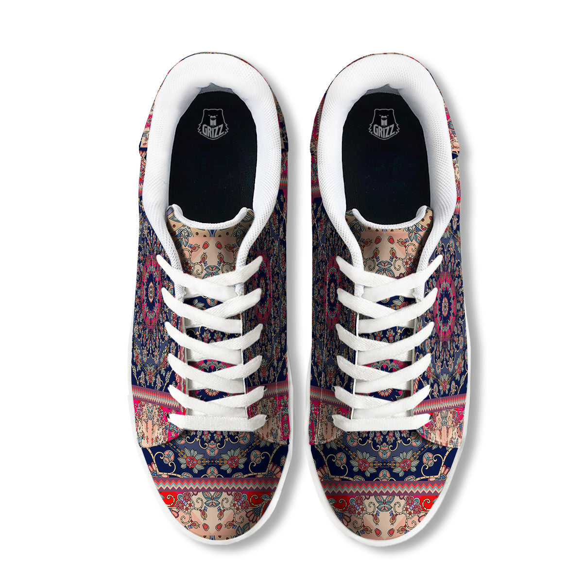 Ethnic Patchwork Square Print White Low Top Sneakers-grizzshop