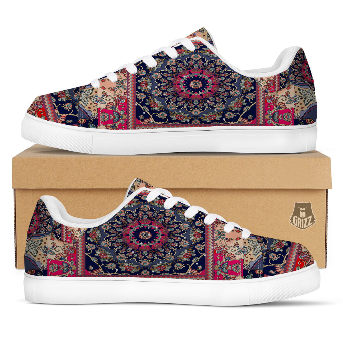 Ethnic Patchwork Square Print White Low Top Sneakers-grizzshop