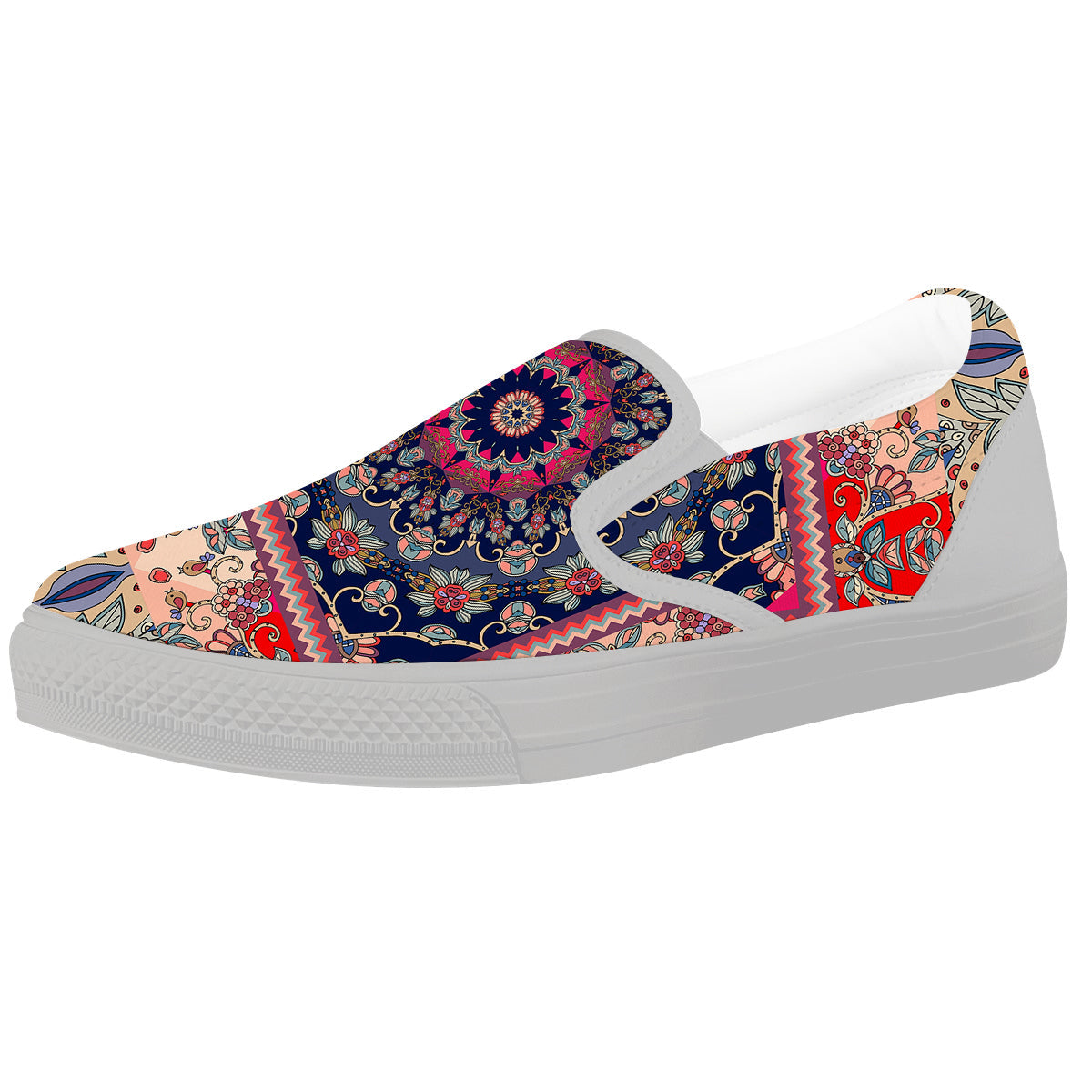 Ethnic Patchwork Square Print White Slip On Shoes-grizzshop
