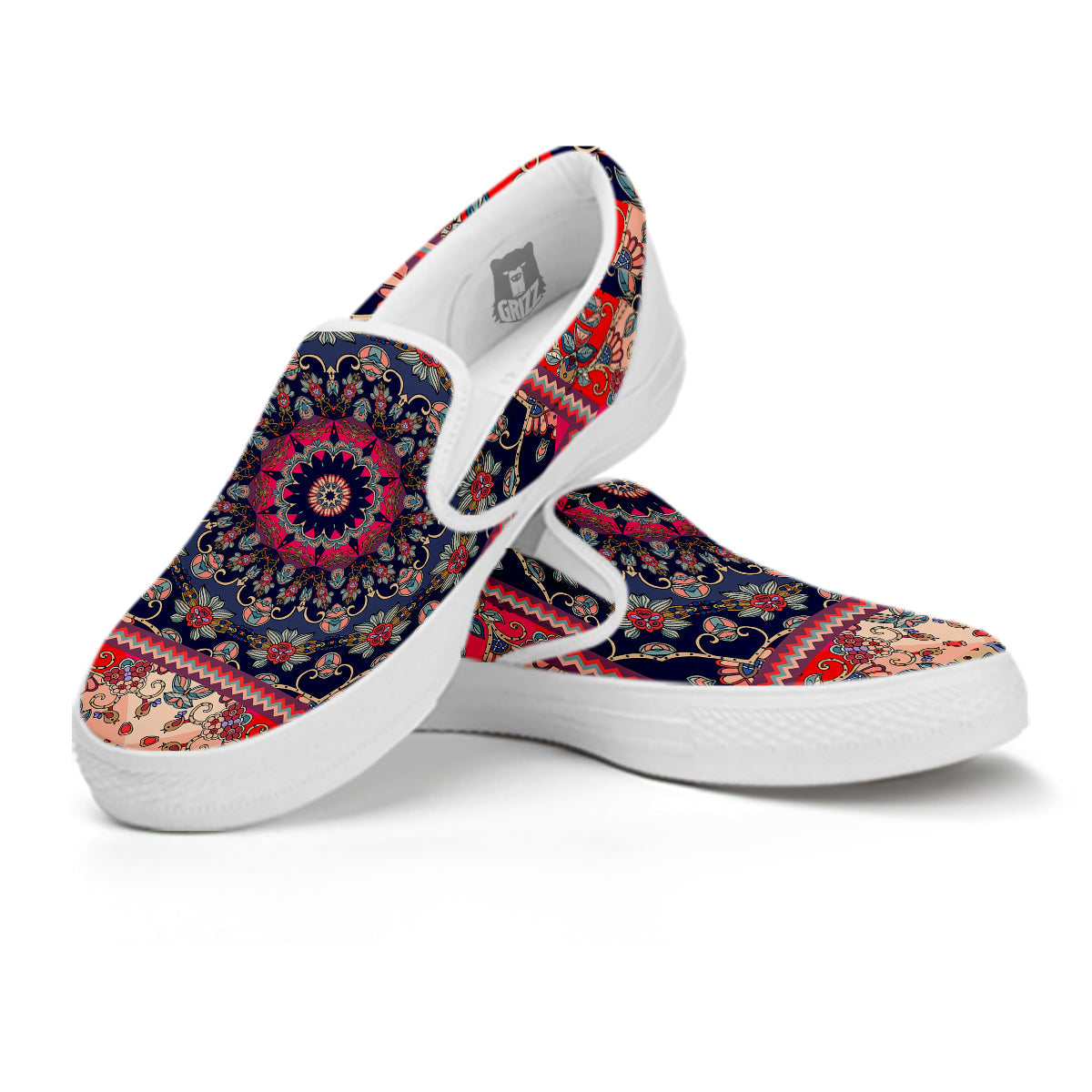 Ethnic Patchwork Square Print White Slip On Shoes-grizzshop
