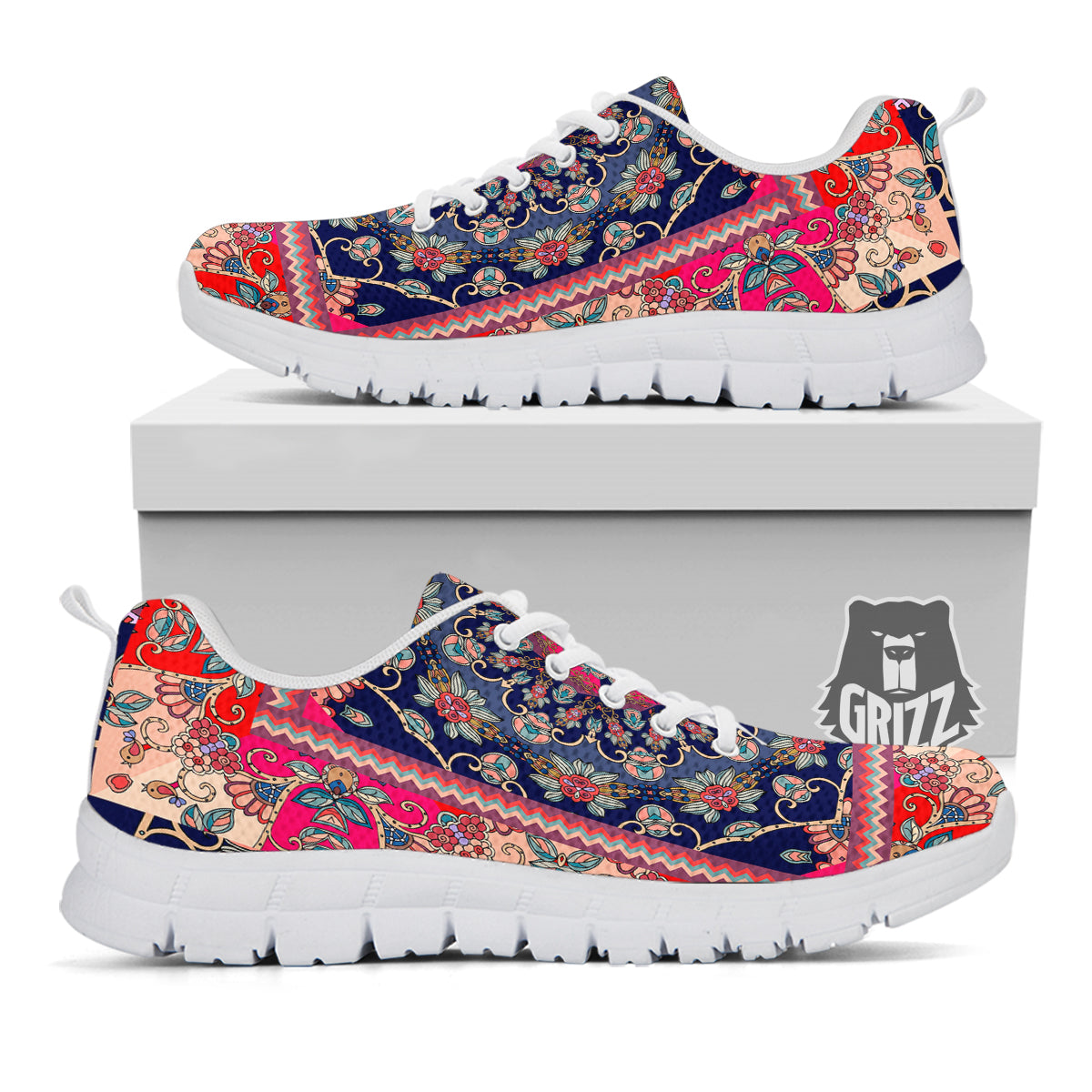 Ethnic Patchwork Square Print White Sneaker-grizzshop
