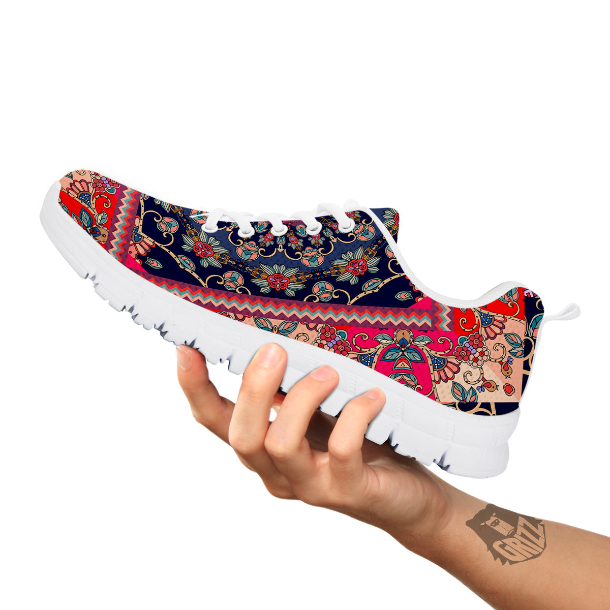 Ethnic Patchwork Square Print White Sneaker-grizzshop